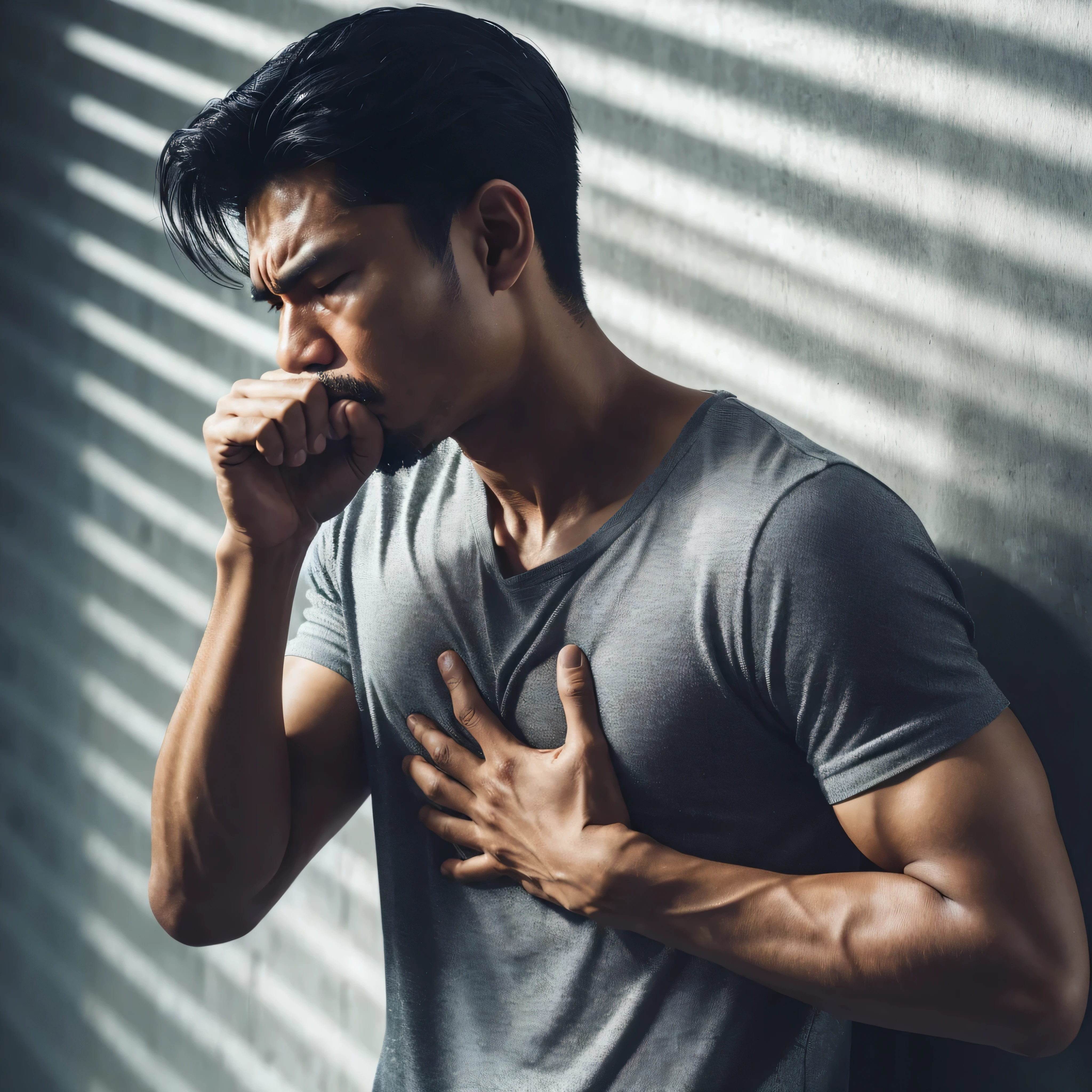 arafed indonesian man with chest pain standing against a wall, coughing, sad man, hard breathing, struggling, stock photo, profile image, flowing mucus, on a dark background, cold breath, breath condensation, editorial photo, ad image, sad scene, shutterstock, stock image, breathing, sad mood, sorrow, heartbreak, low-key