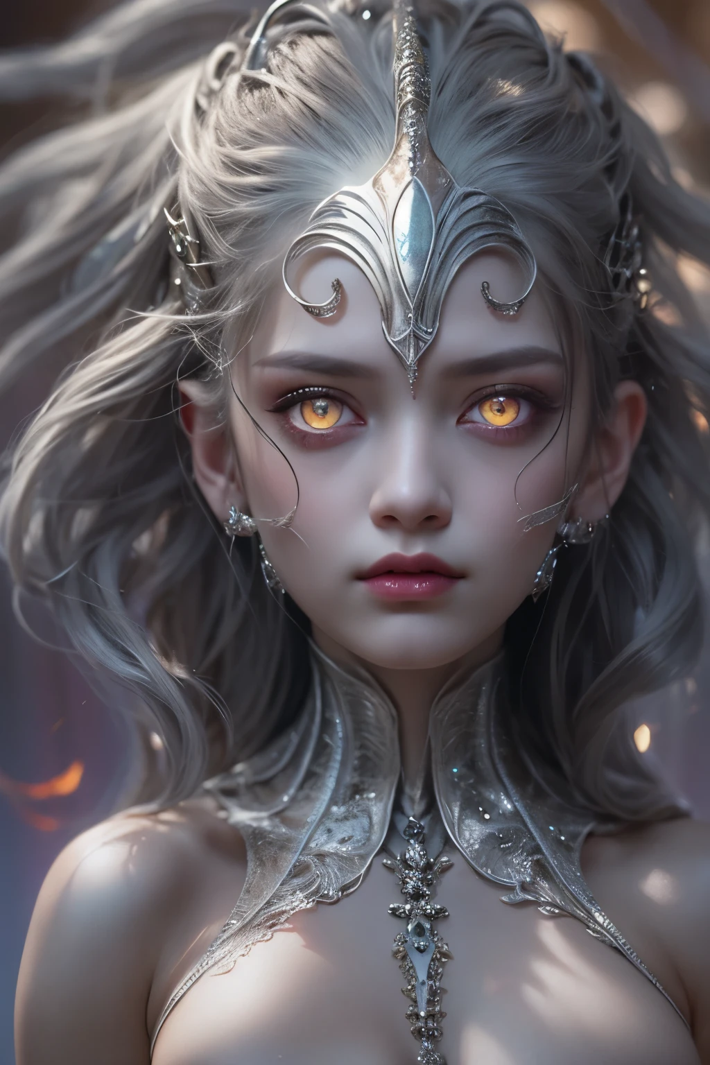 (1 female medusa-like mutant: 1.2), With a beautiful, enchanting face, this alien seduces us with her allure. Her captivating red eyes gleam brightly, reminiscent of burning embers. Her full body is unlike any human's, boasting a sexy, otherworldly form. No humans are present in this scene as she stands alone, her cells fused in a unique and intriguing extraterrestrial way.
(extraordinary beautiful nude photo:1.4), (glowing silver eyes:1.5), (sexy and glamorous:1.1), (coquettish expression:1.2), toned lean body, (muscular:1.2), (beautiful abs:1.5), beautiful nipples, She has lots of iridescent translucent tentacles instead of her hair, pale skin, (white skin with prominent veins:1.3), moist skin,
Lots of iridescent translucent tentacles adorn her body, shimmering under the dramatic lighting. Her pale skin, with a hint of translucency, adds to her ethereal allure. This masterpiece, rendered in