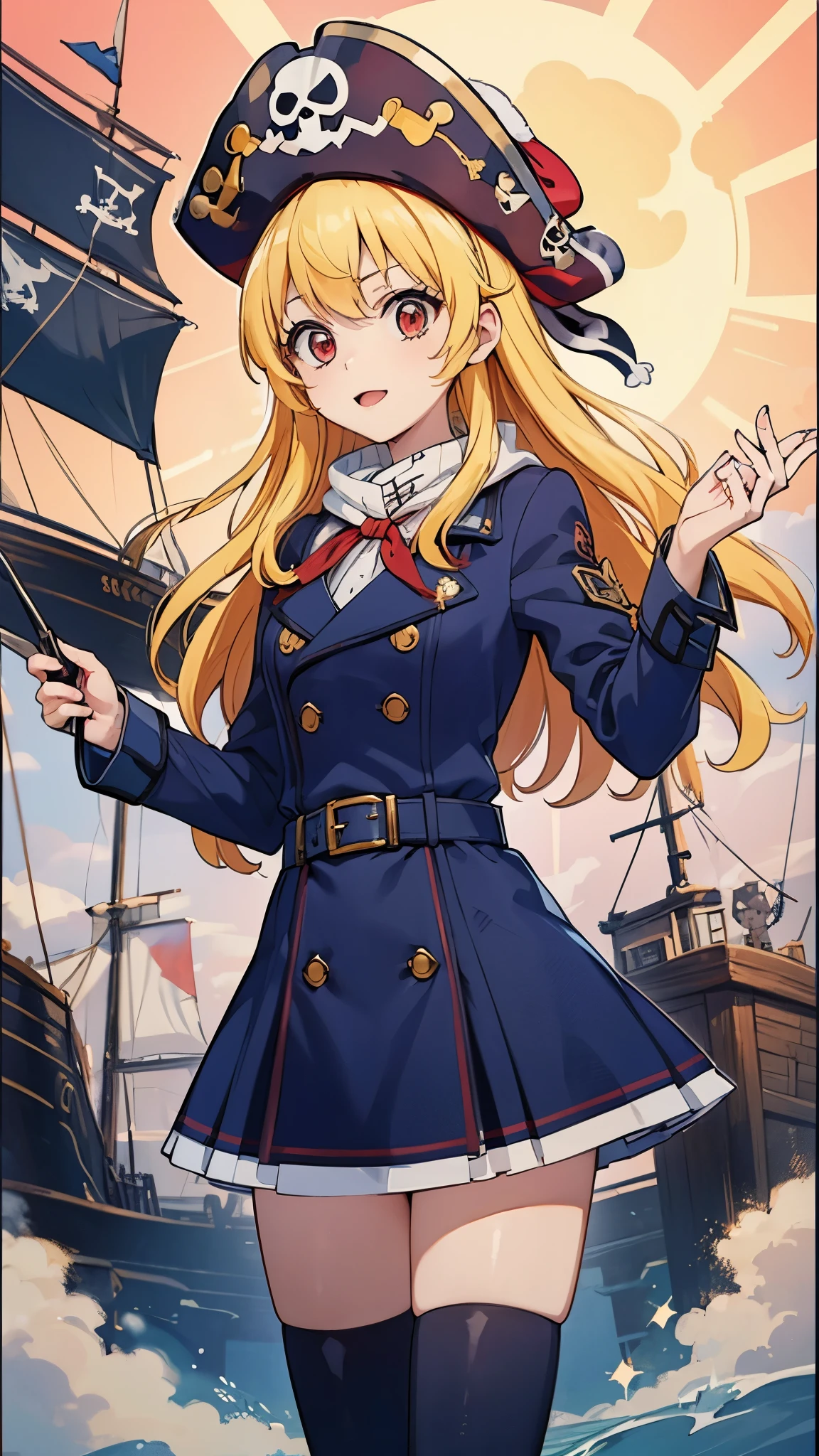 best quality, sharp detailed, (fantasy:1.3), 1woman, solo, 20yo, medium_breasts,
BREAK,
pirate, white blouse, crimson trench coat, crimson corset, white scarf, black mini skirt, belt,pirate hat,
BREAK,
beautiful detailed face and eyes, Blonde hair, long hair, red eyes,(RED Ribbon on pirate hat,:1.2),
BREAK,
(harbor:1.2), (pirate ship:1.2), sea, morning, rising sun, orange skylight, morning sun