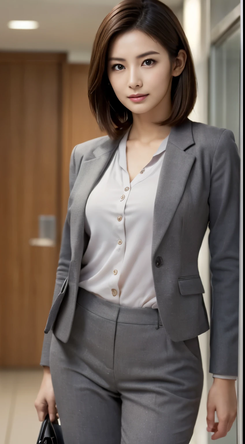 Photorealistic beautiful nurse、amazingly beautiful、((a stylish suit、Business Pants))、(highest quality、8k、32K、masterpiece、nffsw:1.3)、ultra high resolution,(Photoreal:1.4),RAW photo, detailed face,,beautiful hair、very short hair 、nipple、 natural makeup,, small perfect breasts、(walk through the hospital lobby), detailed background, perfect lighting, Depth of written boundary, beautiful shadow gradation,((business bag)) ,、thin limbs、thin thighs、(whole body)、