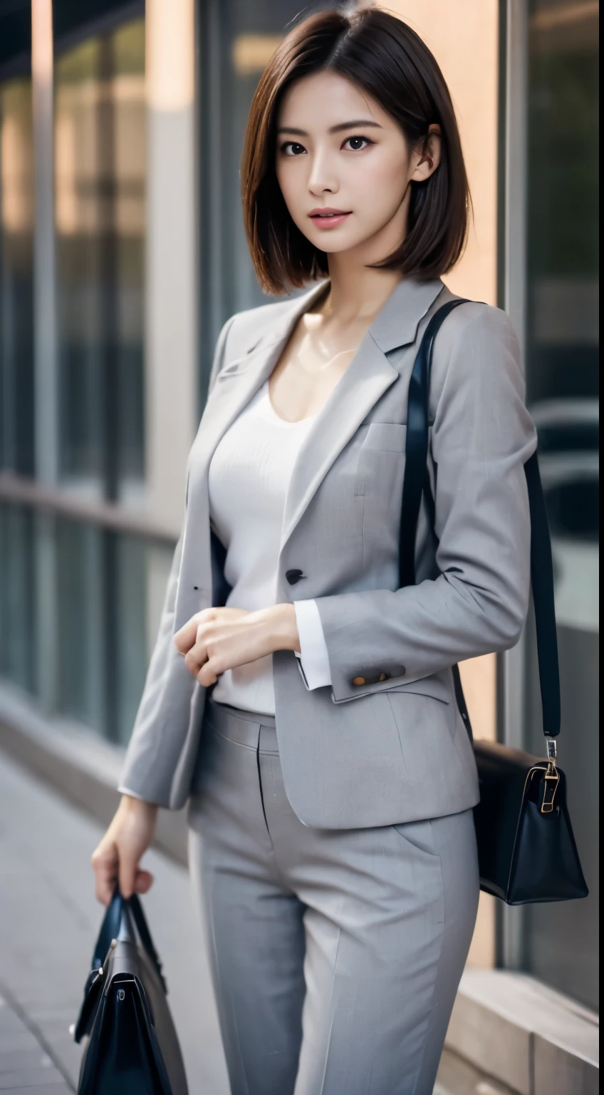Photorealistic beautiful nurse、amazingly beautiful、((a stylish suit、Business Pants))、(highest quality、8k、32K、masterpiece、nffsw:1.3)、ultra high resolution,(Photoreal:1.4),RAW photo, detailed face,,beautiful hair、very short hair 、nipple、 natural makeup,, small perfect breasts、(stylish cafe), detailed background, perfect lighting, Depth of written boundary, beautiful shadow gradation,((business bag)) ,、thin limbs、thin thighs、(whole body)、
