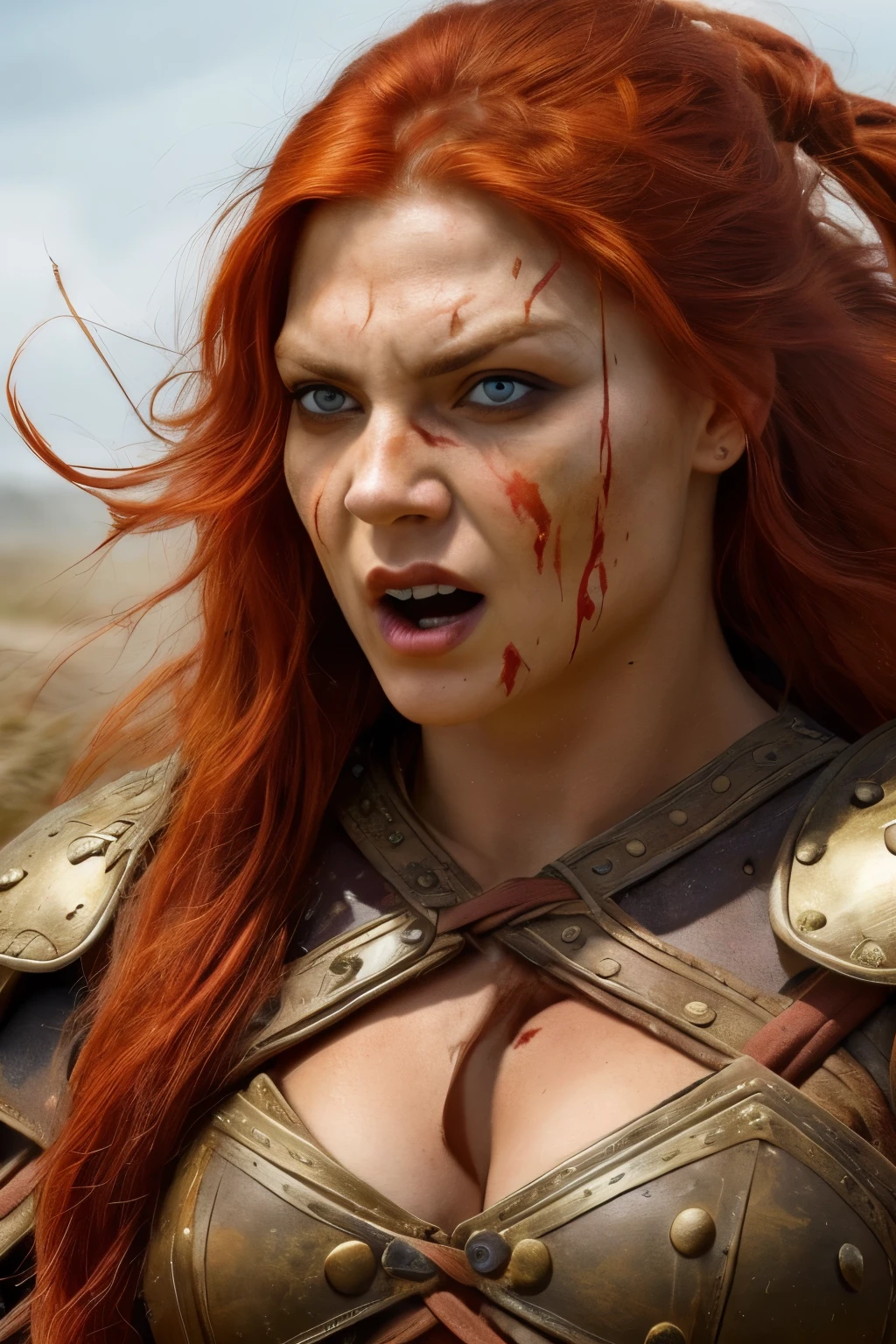 Portrait of a formidable female Viking warrior, her fiery red hair flowing in the wind and streaks of war paint adorning her fierce countenance. With a battle-hardened expression, she lets out a bloodcurdling battle cry, her black eyes gleaming with determination and intensity. The intricate details of her war paint can be seen in the close-up of her face, each stroke adding to her intimidating presence. Her high contrast eyes stand out against her sun-kissed, weathered skin, with every pore and texture accentuating her warrior lifestyle. Her muscles ripple beneath her armor, the stitching and texture of which are highly defined, adding to the realistic
