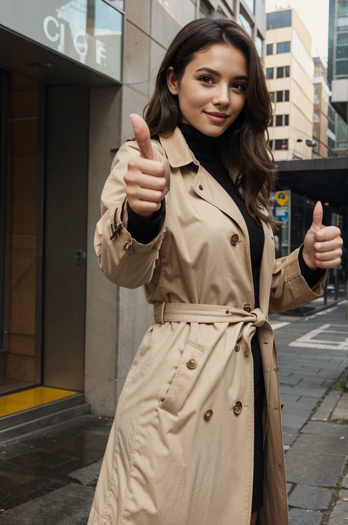 woman giving the thumbs up sign, wearing a long beige trench coat, buildings in background