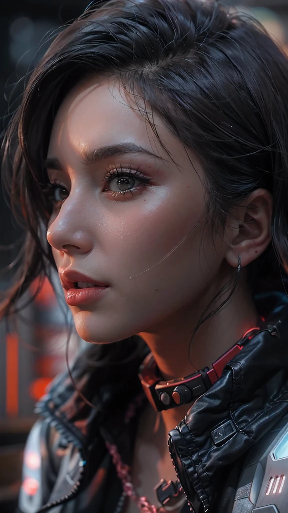motor irreal:1.4,UHD,La mejor calidad:1.4, fotorrealista:1.4, textura de la piel:1.4, obra maestra:1.8, Hermosa mujer, cabello rojo, Black military coat, senos largos, Estilo cyberpunk, Detalles realistas, cerca, Chaqueta de cuero negro retrato,white jeans Vaqueros cortos,,hermosas manos finas ,(cyberpunk:1.4),(cabello multicolor+rosado:1.3+amarillo:1.3),lingerie cyberpunk, Noche misteriosa,(detailed:1.4),(Special station:1.4),