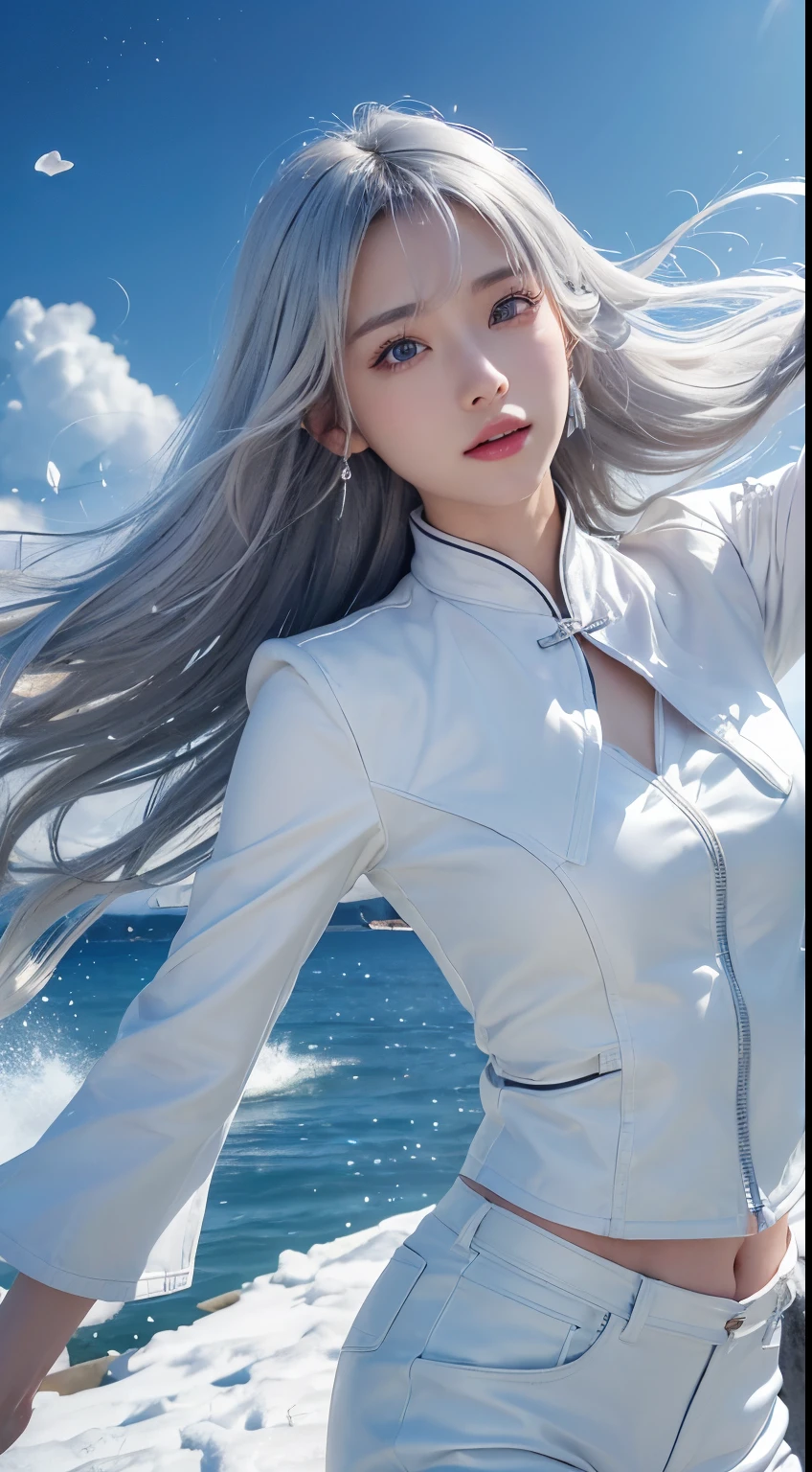 ((logo、masterpiece、8k、table top、RAW photo、wonderful、最high quality、フォトリアリスティックでvery detailedな CG 統合 8k 壁紙、high quality、very detailed、Narrative poem、particle effects、dynamic effects、written boundary depth、cinematic light、Lens flare、ray tracing、table top、realistic:1.4、超A high resolution:1.2、realistic、realistic))、fantasy、anatomically correct、((alone、1 female、show viewer、detailed face、silver hair、medium long hair、髪がWindで踊る、hair jump))、halter neck、white leather pants、white leather jacket、silver earrings、Wind、wonderful景、beautiful background、古代のWind、Xianxia、Auspicious cloud、falling petals、The scene is covered with ice and snow、A blue halo shines behind him