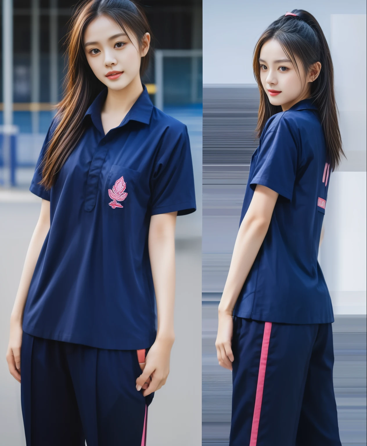 (best quality,10,10,height,Masterpiece:1.2),Special details,(realistic,ภาพrealistic,Realistic photos:1.37),1 cute girl on the football field,shiny, ผิวshiny,only,smile softly,BDclothelue shirt:1.3)),short sleeve,shirt, กางเกงขาlong.,(navy_long_track pants:1.1), ((stadium background:1.3)),Dynamic angle,excited,Face focus,dynamic poses,from behind,focus on ass,Masterpiece, best quality, ultra realistic, hyper-detail, 8K resolution, raw photos, Sharp focus, ((Navy blue shirt:1.1)), short sleeve, เส้นทางlong, perfect body, 2 mature women, 18 years old, Cinema-grade lighting system,blue sweatpants,exercise clothes,correct anatomy,perfect body, correct body, Sharp face, correct bodyทางกายวิภาค, full body, realistic gestures, long-haired, realistic poses,Wear long shorts................................,ช่วงขาlong,Good shape,carved girl, Slender figure, Model, Good shape, beautiful body,blue sweatpants, two girls kissing