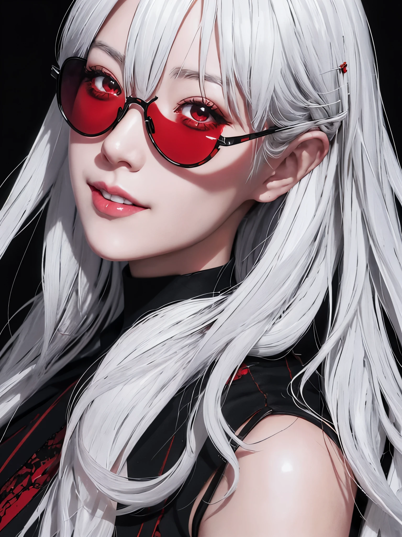 White haired woman with sunglasses and a red and black dress, dramatic smile pose intricate, detailed portrait of anime girl, artwork in the style of guweiz, stunning digital illustration, high quality portrait, detailed digital anime art, highly detailed exquisite fanart, detailed character portrait, cgsociety portrait, guweiz on artstation pixiv, stunning character art