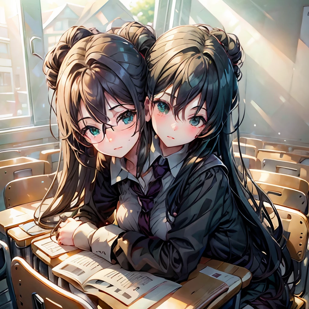 1girl, classroom of Elite, sit in class, anime, (two heads)