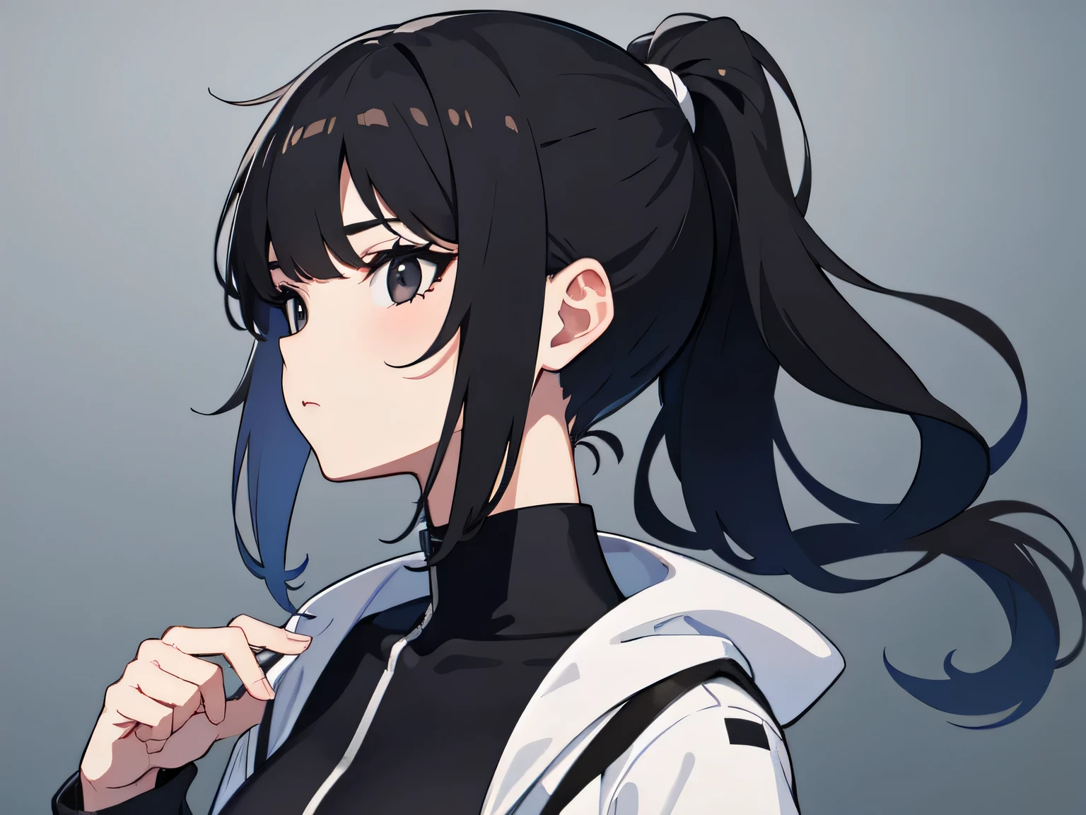 1 girl, Lightweight clothing, black medium hair, Ponytail, Black eyes,