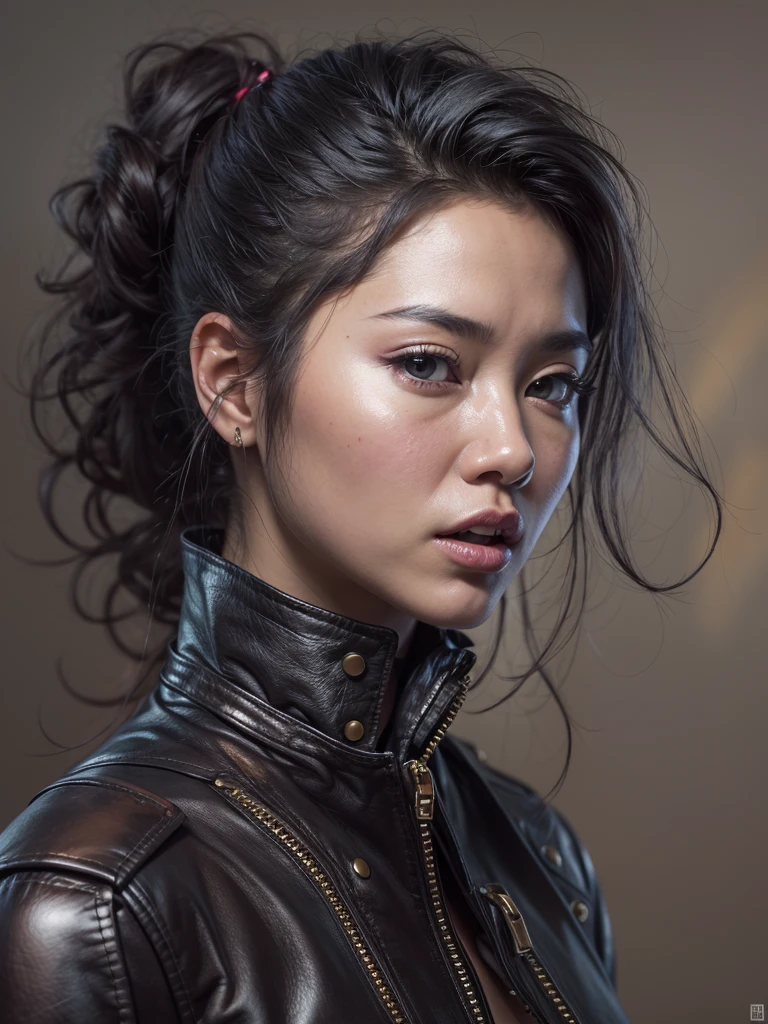 Portrait of a seductive and charming woman, Dressed in tight leather clothing, faces. she'waiting, she很快将不得不忍受什么, she的脸上流露出恐惧的感觉, unrest, and anticipation. 紧身皮衣凸显出she曼妙的身材, 穿上这套衣服she变得更加性感