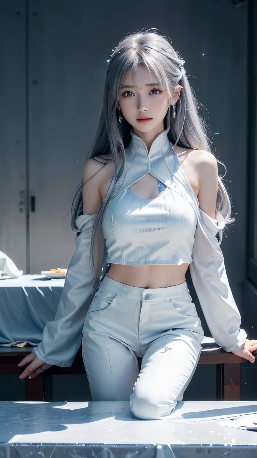 ((logo、masterpiece、8k、table top、RAW photo、wonderful、最high quality、フォトリアリスティックでvery detailedな CG 統合 8k 壁紙、high quality、very detailed、Narrative poem、particle effects、dynamic effects、written boundary depth、cinematic light、Lens flare、ray tracing、table top、realistic:1.4、超A high resolution:1.2、realistic、realistic))、fantasy、anatomically correct、alone、1 female、show viewer、detailed face、silver hair、medium long hair、髪がWindで踊る、hair jump、halter neck、white leather pants、white leather jacket、silver earrings、night、Wind、night空、beautiful background、古代のWind、Xianxia、Auspicious cloud、falling petals、The scene is covered with ice and snow、A blue halo shines behind