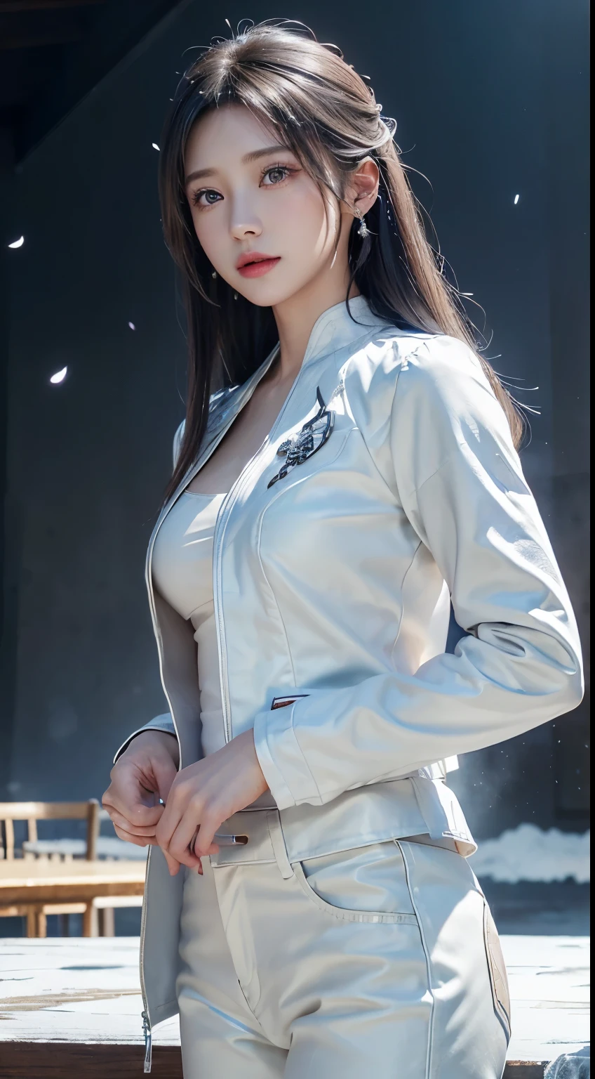 ((logo、masterpiece、8k、table top、RAW photo、wonderful、最high quality、フォトリアリスティックでvery detailedな CG 統合 8k 壁紙、high quality、very detailed、Narrative poem、particle effects、dynamic effects、written boundary depth、cinematic light、Lens flare、ray tracing、table top、realistic:1.4、超A high resolution:1.2、realistic、realistic))、fantasy、anatomically correct、alone、1 female、show viewer、detailed face、silver hair、medium long hair、髪がWindで踊る、hair jump、halter neck、white leather pants、white leather jacket、silver earrings、night、Wind、night空、beautiful background、古代のWind、Xianxia、Auspicious cloud、falling petals、The scene is covered with ice and snow、A blue halo shines behind