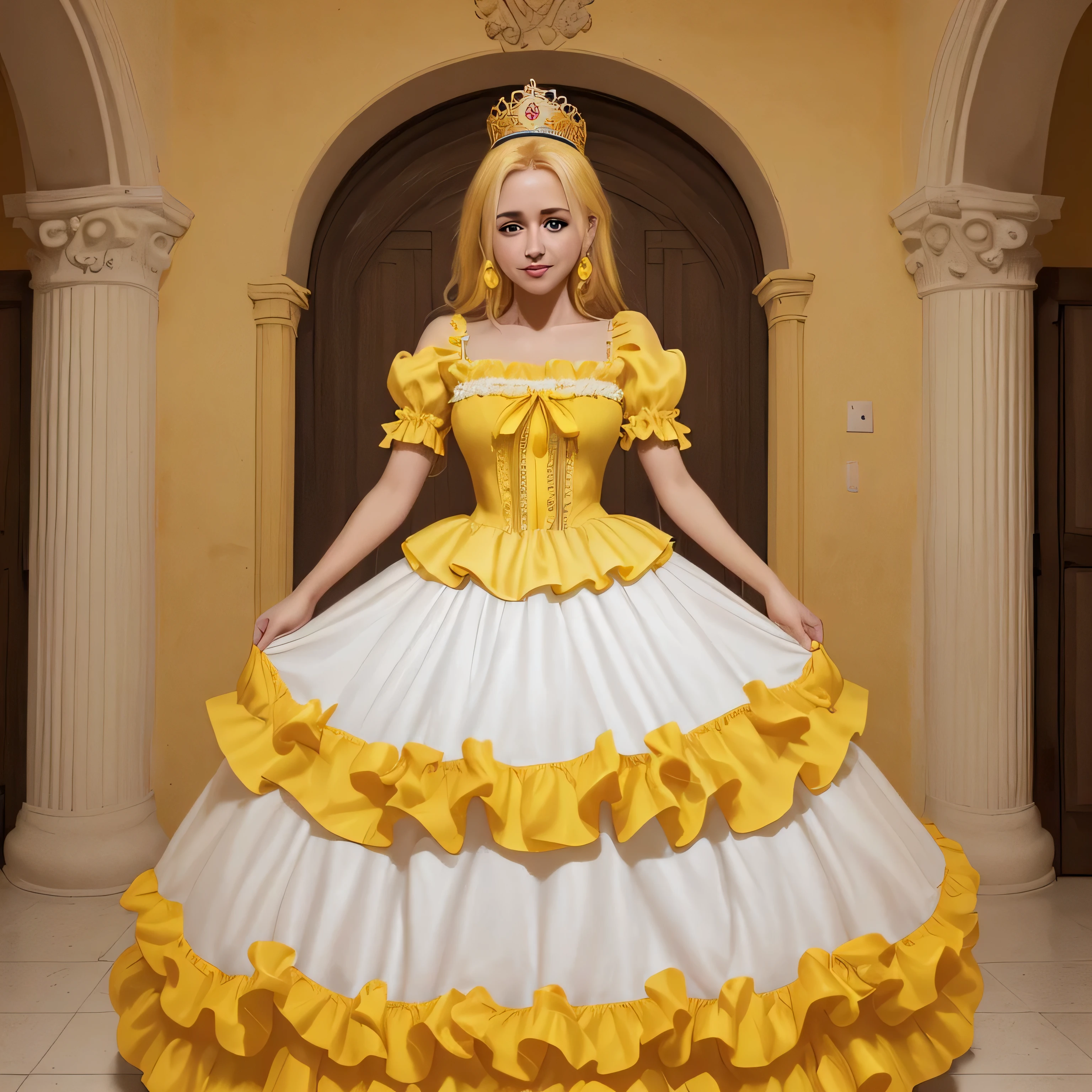 impresionante chica hermosa, Fiesta de cena, pechos grandes, vestido amarillo de princesa, Arcos, vestido en capas, cintas, bodice, mangas hinchadas, Mirando al espectador. Galardonado, profesional, muy detallado