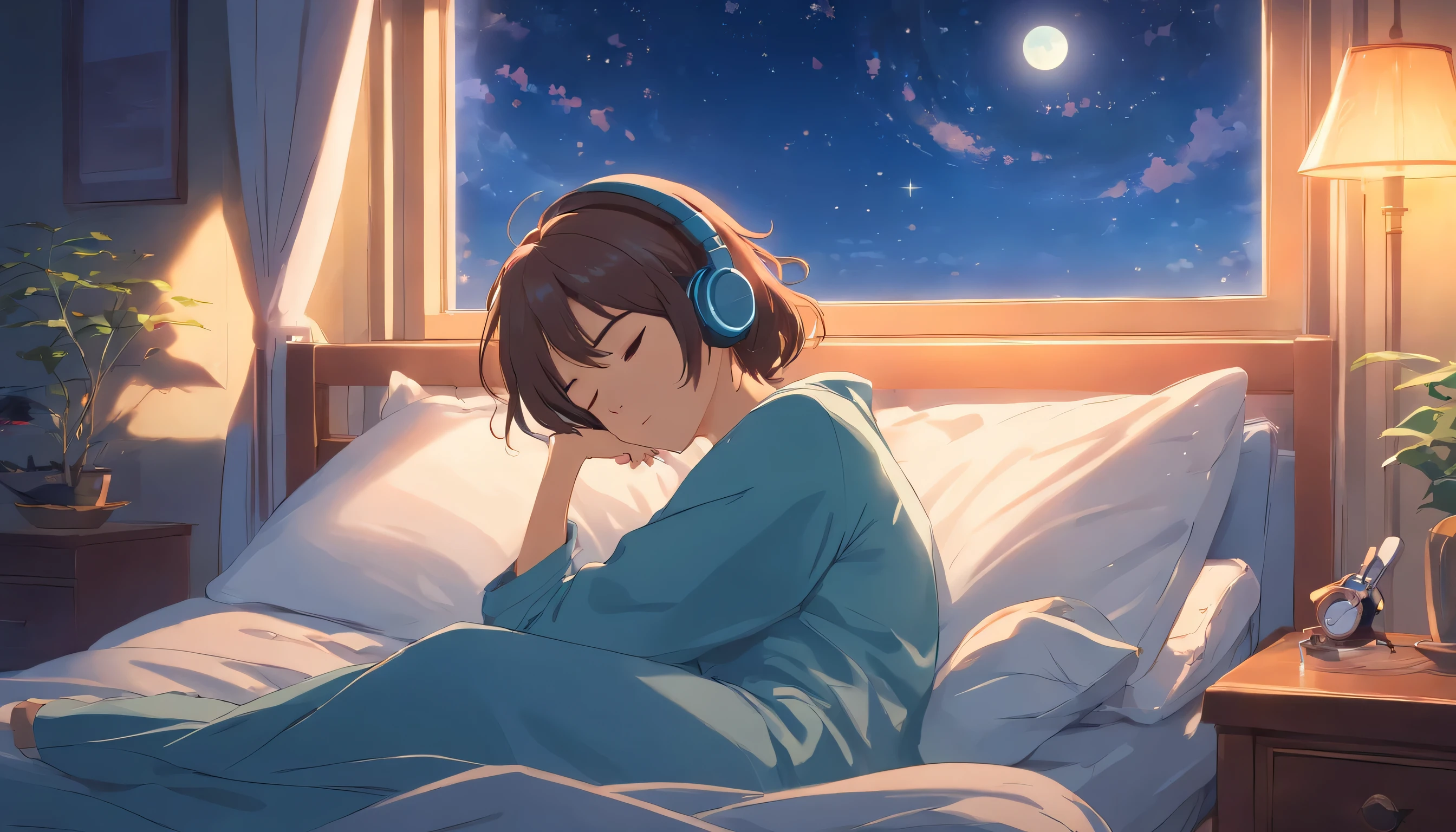 (masterpiece) a girl (Miss) sleep in bed, on her bed, wearing headphones, Window showing moon and stars, calm, peaceful, thinking, Work, color grading, Nice color coding,