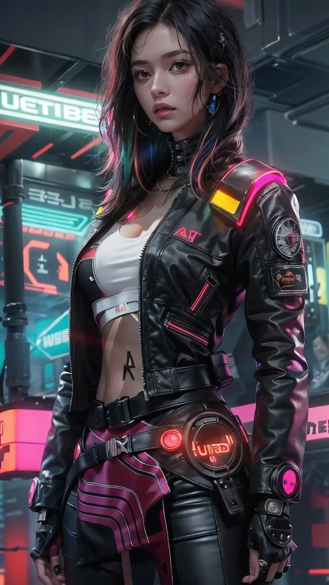 motor irreal:1.4,UHD,La mejor calidad:1.4, fotorrealista:1.4, textura de la piel:1.4, obra maestra:1.8, Hermosa mujer, cabello rojo, Black military coat, senos largos, Estilo cyberpunk, Detalles realistas, full body photo, Chaqueta de cuero negro retrato,white jeans Vaqueros cortos,,hermosas manos finas ,(cyberpunk:1.4),(cabello multicolor+rosado:1.3+amarillo:1.3),lingerie cyberpunk, Noche misteriosa,(detailed:1.4),(Special station:1.4),