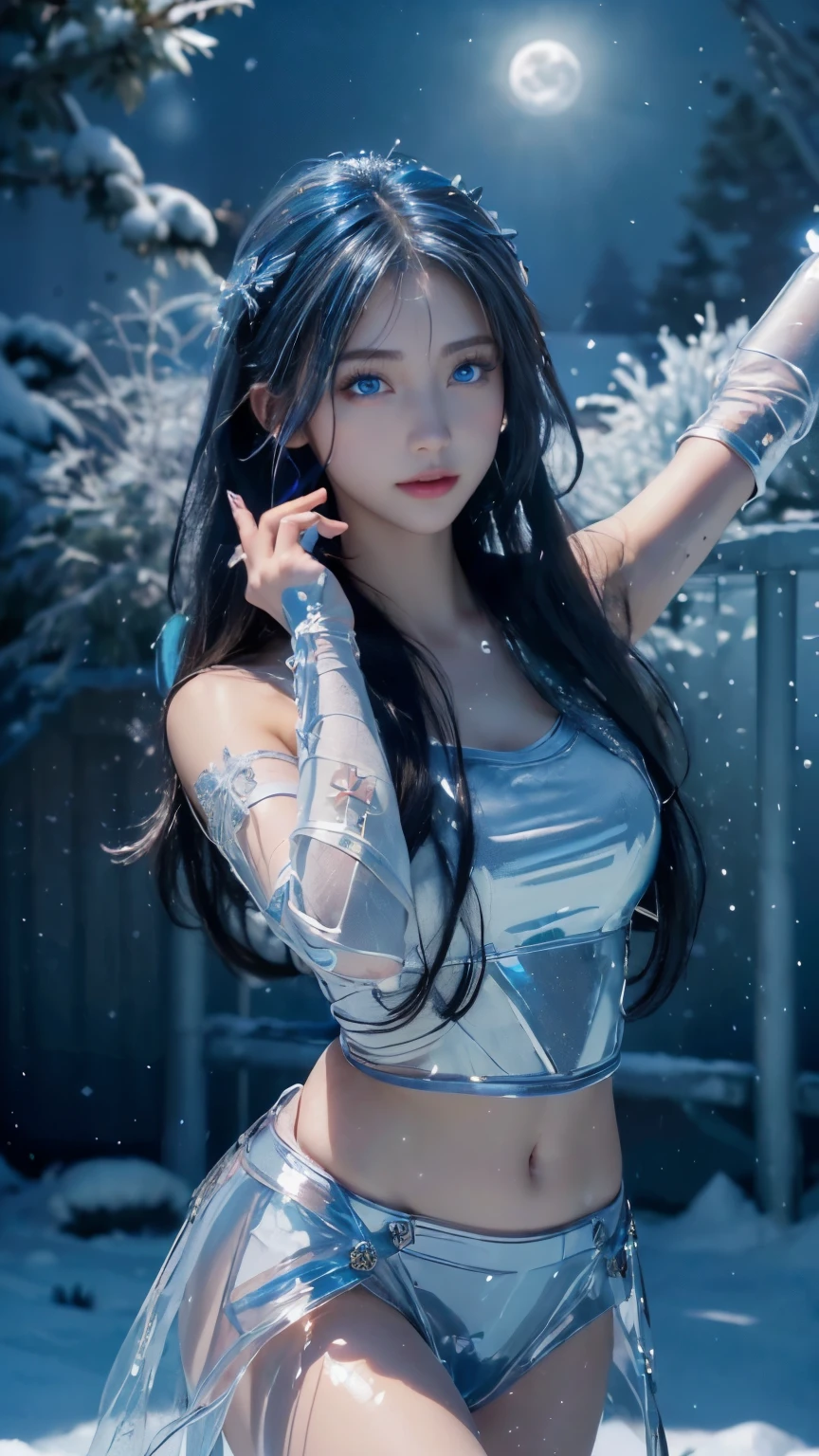 (logo, masterpiece, 8k, table top, RAW photo, wonderful, 最high quality, Photorealistic and hvery detailed CG integrated 8k wallpaper, high quality, very detailed, Narrative poem, particle effects, dynamic effects, written boundary depth, cinematic light, Lens flare, ray tracing)), fantasy, ((1 beautiful woman, clear blue eyes, 赤いlong hair, beautiful face, real face, beautiful detailed eyes, beautiful skin, woman dancing gracefully:1.7, woman dancing gracefully:1.7)), 長い赤い髪がWindでなびく, long red hair bounces, 長い赤い髪がWindで踊る, hair jump, halter neck, red leather pants, red leather jacket, silver earrings, ((night, Wind, darkness, full moon, night空, 雪とhoarfrost, very cold winter day, snow-capped mountainや森, hoarfrost, snow-capped mountain々, The beauty and brilliance of frost-covered trees, The tranquility and beauty of a world of ice and snow)), hip up, beautiful eyes, long hair, ring-shaped eyes, jewelry