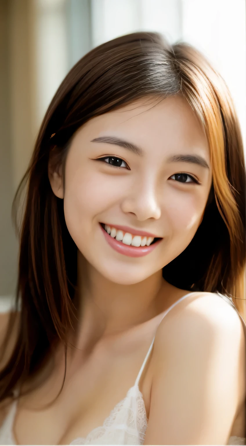 Japanese ),((beautiful girl)),cleavage,An expression that imagines something pleasant:1.2,(perfect body beauty:1.2),((perfect body)),(shy smile),beautiful teeth,