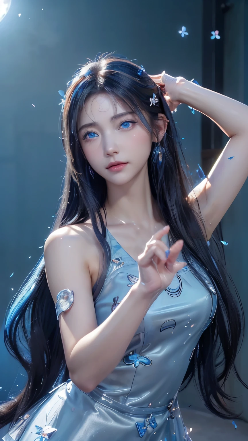 (logo, masterpiece, 8k, table top, RAW photo, wonderful, 最high quality, Photorealistic and hvery detailed CG integrated 8k wallpaper, high quality, very detailed, Narrative poem, particle effects, dynamic effects, written boundary depth, cinematic light, Lens flare, ray tracing, anatomically accurate)), fantasy, ((1 beautiful woman, clear blue eyes, 銀色のlong hair, beautiful face, real face, beautiful detailed eyes, beautiful skin, woman dancing gracefully:1.7, woman dancing gracefully:1.7)), long hairがWindでなびく, long hairが跳ねる, long hairがWindで踊る, hair jump, jewelry, tattoo, Hanfu, chinese fairy, taoist uniform, silver earrings, ((night, Wind, bluish full moon, night空, cherry blossoms, cherry blossomsの木の下で, cherry blossomsの花びらが舞っている, Hanabubuki, falling petals, flying petals)), hip up, beautiful eyes, long hair, ring-shaped eyes