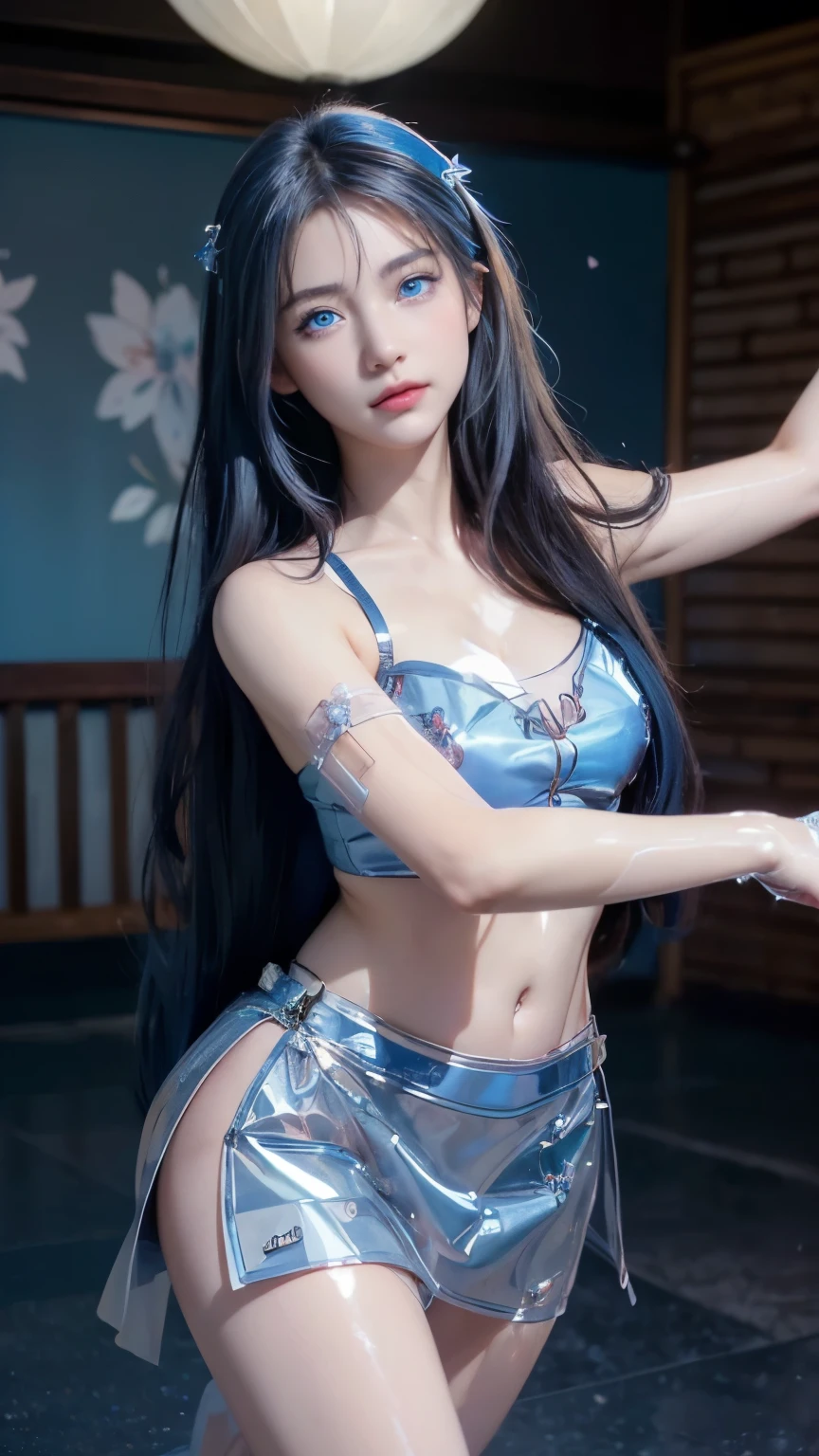(logo, masterpiece, 8k, table top, RAW photo, wonderful, 最high quality, Photorealistic and hvery detailed CG integrated 8k wallpaper, high quality, very detailed, Narrative poem, particle effects, dynamic effects, written boundary depth, cinematic light, Lens flare, ray tracing)), fantasy, ((1 beautiful woman, clear blue eyes, 赤いlong hair, beautiful face, real face, beautiful detailed eyes, beautiful skin, woman dancing gracefully:1.7, woman dancing gracefully:1.7)), long hairがWindでなびく, long hairが跳ねる, long hairがWindで踊る, hair jump, jewelry, tattoo, Hanfu, chinese fairy, taoist uniform, ((night, Wind, darkness, moon light, full moon, night空, Wind, cherry blossoms, cherry blossomsの花びらが舞っている, cherry blossoms吹雪, falling petals, flying petals)), hip up, beautiful eyes, long hair, ring-shaped eyes,