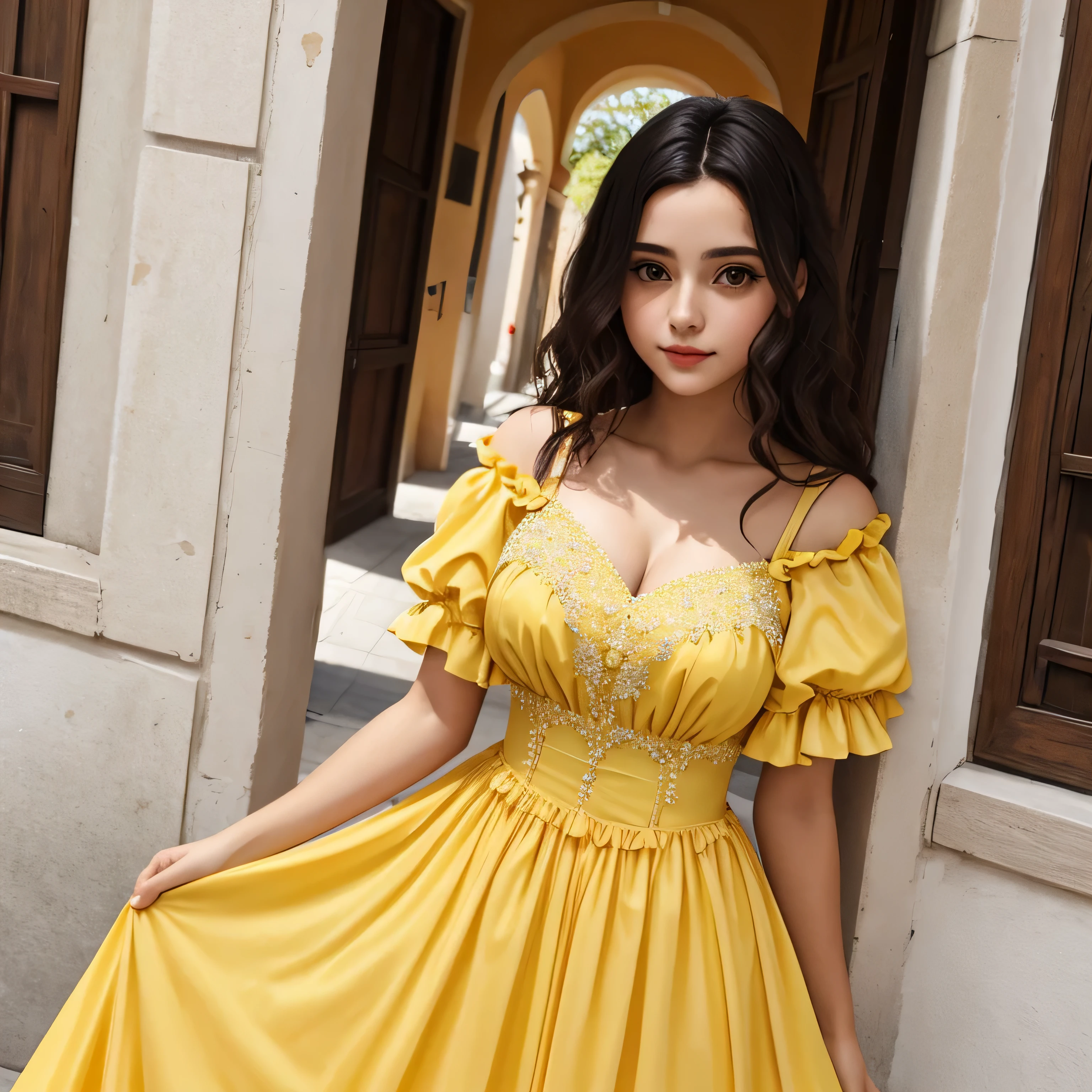 stunning beautiful 18 year old girl, Fiesta de cena, pechos grandes, vestido amarillo de princesa, Arcos, vestido en capas, cintas, bodice, mangas hinchadas, Mirando al espectador. Galardonado, profesional, muy detallado, el vestido esta corto por delante, permitiendo que se le vean las piernas.