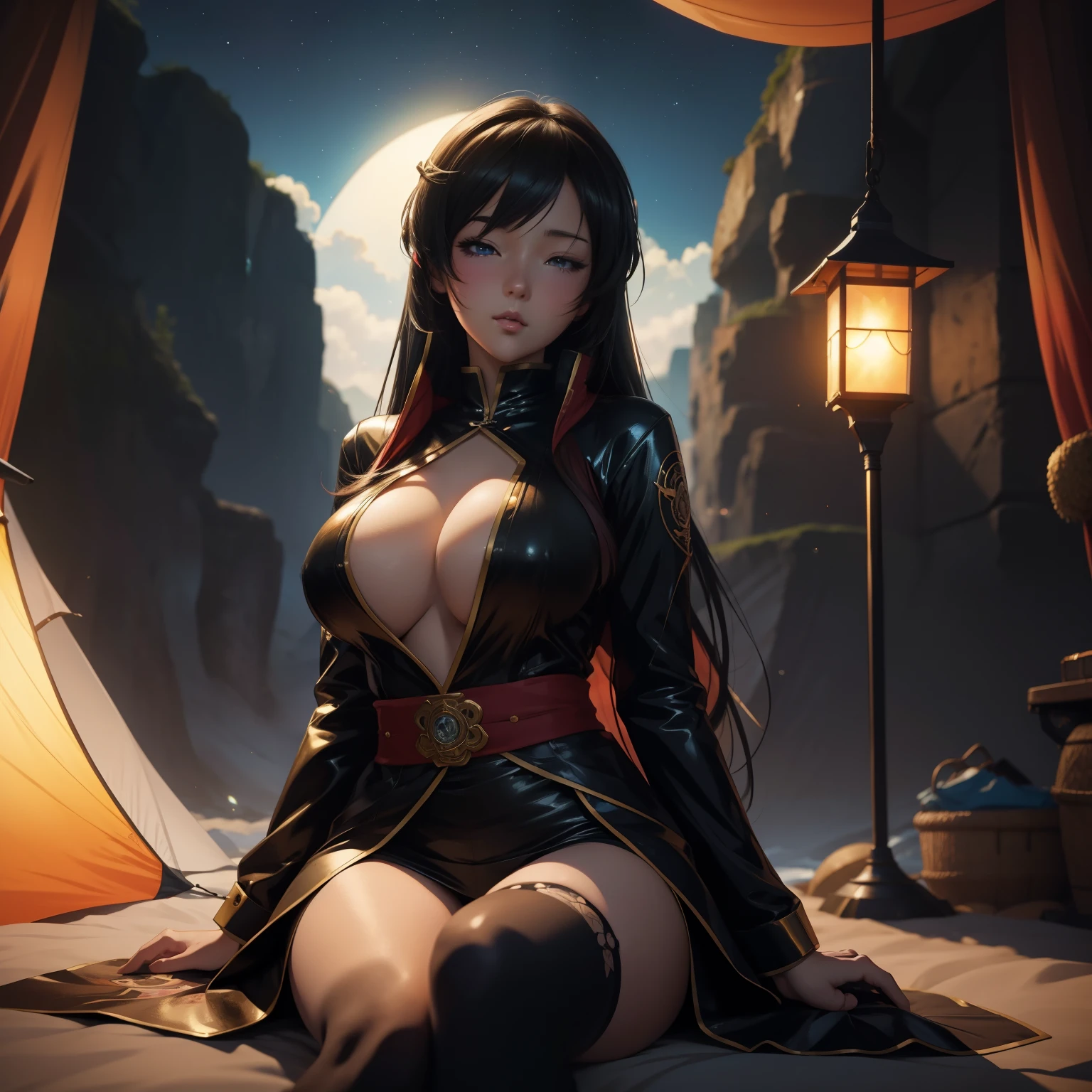 anime girl with big breast sitting in a tent at night, extremely detailed artgerm, seductive anime girl, [ 4 k digital art ]!!, artwork in the style of guweiz, ross tran. scenic background, artgerm. anime illustration, ilya kuvshinov. 4 k, detailed digital anime art, night outdoors, beautiful alluring anime woman