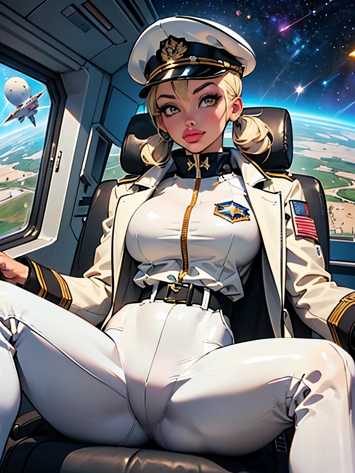 ((Sun rays gleam through window)), ((Masterpiece)), ((Highest Image Quality)), (((Best Quality)), (Illustration of One Girl), Full Body, 25 Years Old, (Neutral)), ((Blonde)), ((Twin Tails)), Light Golden Eyes, (Tall)), (Muscular Strong Body)), ((Muscular and Thick Body)), ((Muscular and Thick Armuscular and Thick Leganspreading)), , (((Army Uniform)), (Army Hat)), (((Army Coat)), (white clothes), (white pants), (white hat), trench coat, ((inside the spaceship, sitting in the captain's seat)), (outside the window, space, Earth seen from space, spaceport)