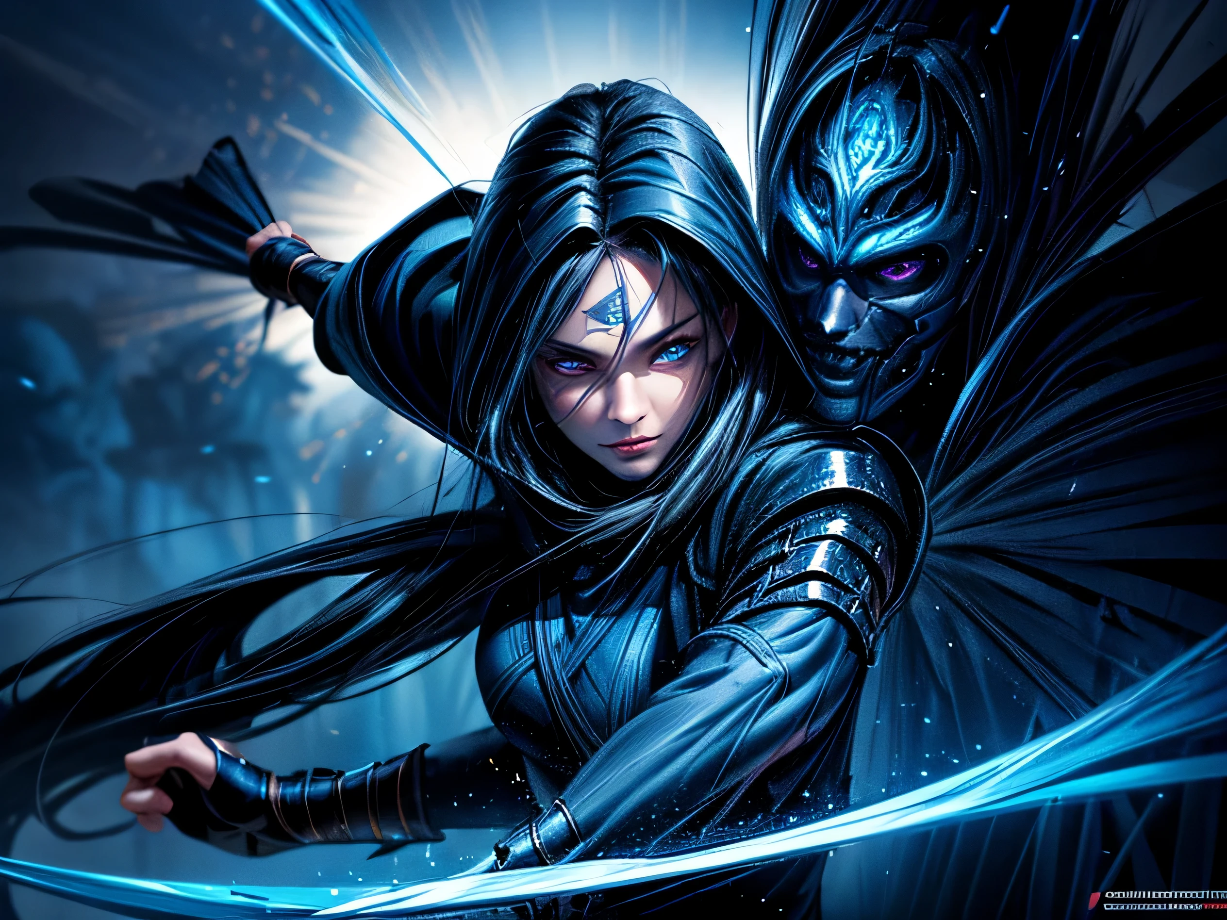elaborate and intricate fantasy scene. 1girl, dark blue ninja warrior, very long black hair. hair over 1 eye, wearing a hood and mask. large glowing blue eyes. sword. stalf. jumping through fire action shot, high quality, wallpaper, dramatic pose, cinematic lighting, 8k, vibrant, misty