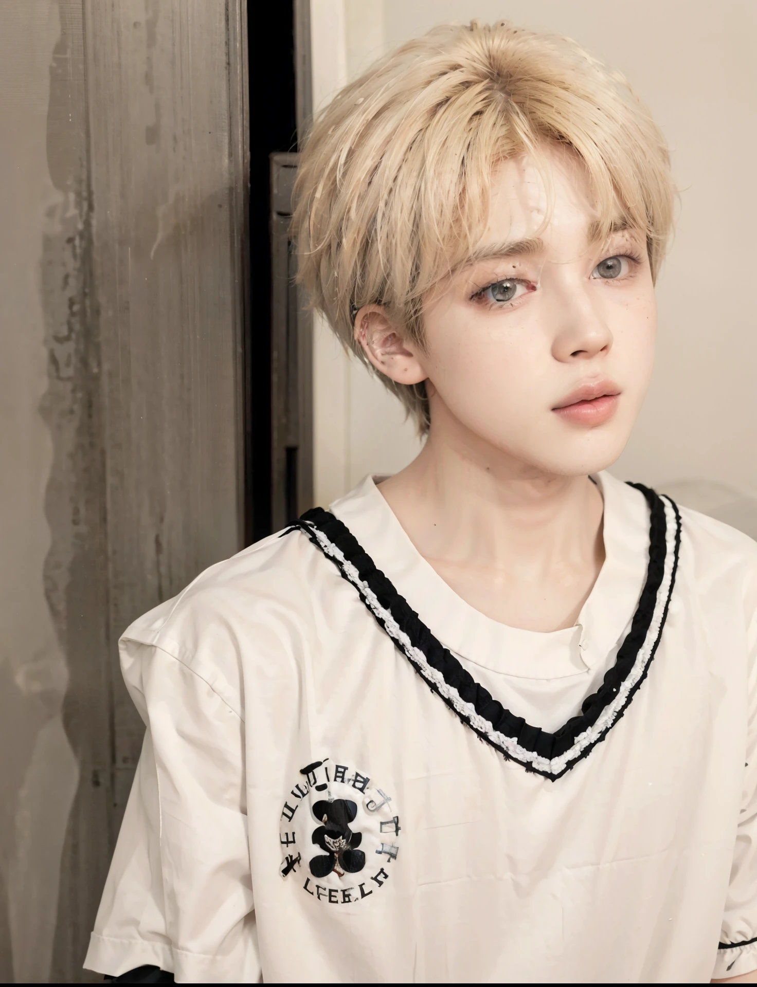 arafed boy with blonde hair dressed in a white shirt and a black and white striped shirt, kim doyoung, cai xukun, pintar ulzzang, Jung Jaehyun, jaeyeon nam, jinyoung shin, hyung tae, park Jimin, hong junio hyung, kim taejin, Jimin, ulzzang, peinado de corte hime blanco, con el pelo corto y blanco