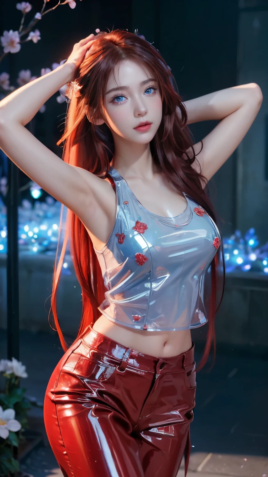 (logo, masterpiece, 8k, table top, RAW photo, wonderful, 最high quality, Photorealistic and hvery detailed CG integrated 8k wallpaper, high quality, very detailed, Narrative poem, particle effects, dynamic effects, written boundary depth, cinematic light, Lens flare, ray tracing)), fantasy, ((1 beautiful woman, clear blue eyes, red long hair, beautiful face, real face, beautiful detailed eyes, beautiful skin, woman dancing gracefully:1.7, woman dancing gracefully:1.7)), 長い髪がWindでなびく, long hair bounces, 長い髪がWindで踊る, hair jump, halter neck, red leather pants, red leather jacket, red bodysuit, silver earrings, ((night, Wind, darkness, moon light, full moon, night空, Wind, cherry blossoms, cherry blossomsの花びらが舞っている, cherry blossoms吹雪, falling petals, flying petals)), hip up