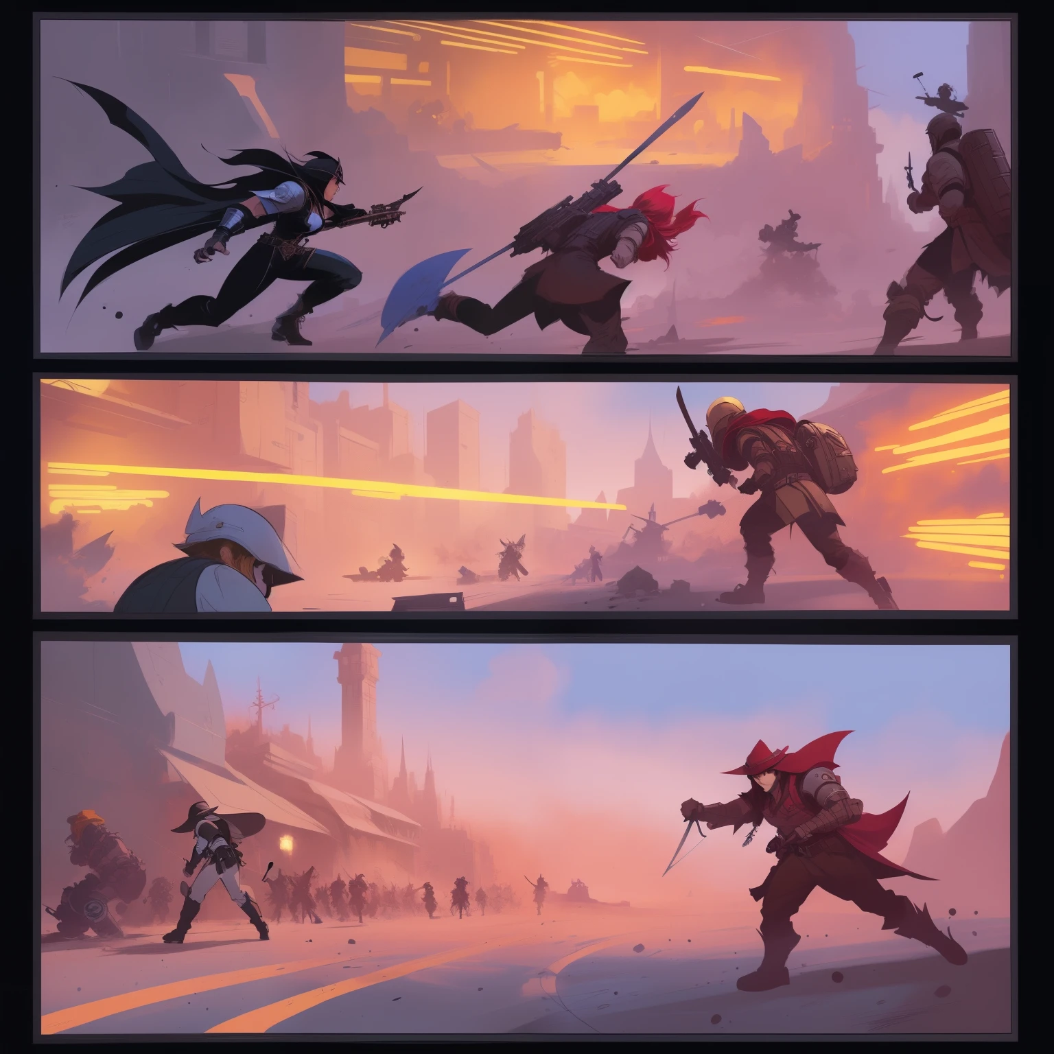 Close-up of a comic strip containing a bunch of characters, comic concept art, 3 panel action scenes, riot games concept art, concept arts, published concept art, illustration concept art, award-winning concept art, concept art, concept art, professional concept art, concept art illustration, Keda, modern concept art, ( ( ish ) ) concept art