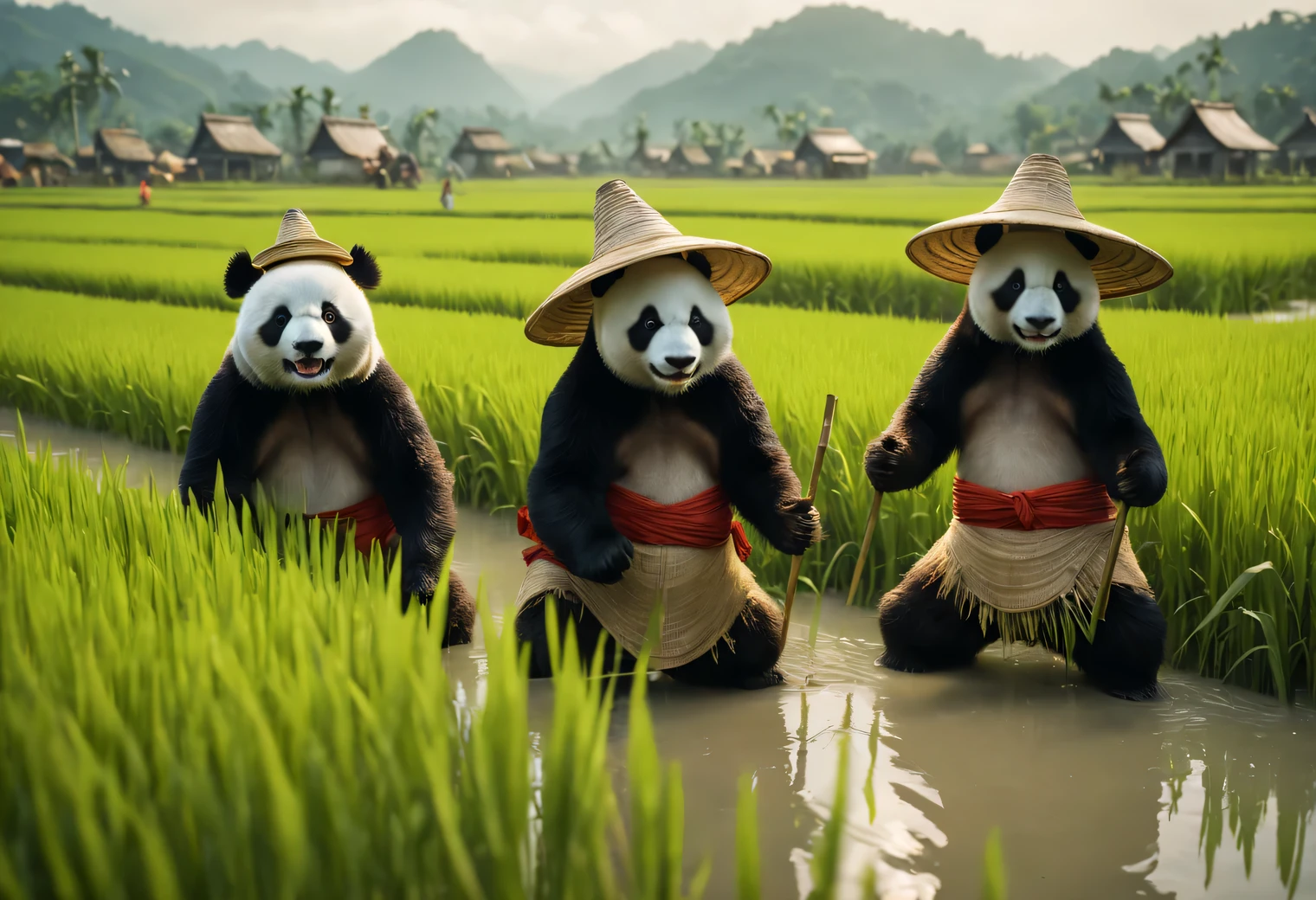 Cinematic still from a science-fiction film directed by David Yates., anthropomorphic pandas in wide hats from other worlds plant rice in rice fields, panda rice farmers, Cheerful atmosphere, cinematic treatment, ray tracing, daylight, cinematic realism, 32K