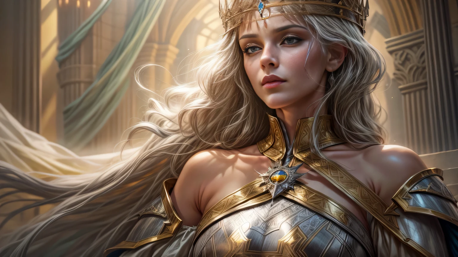 look from bottom to top,draw a sword, low angle shot,Highly detailed portrait of Paladin Guinevere,((king arthur,female'style)), wear armor,Crown,Excalibur Sword,round table, round table의 기사단, big 검,cross sword, silver tone,Divine rays,father'light,middle-age,noble,faithful,servant of jesus,solemn,Gold Accent,epic fantasy digital art,devout,big bust, 빅토리아 style,masterpiece,8 thousand,High-definition resolution,See more details,high quality,Works inspired by Guinevere.,author:John Collier,detailed fantasy art, fantasy cosplay portrait, fantasy art behance