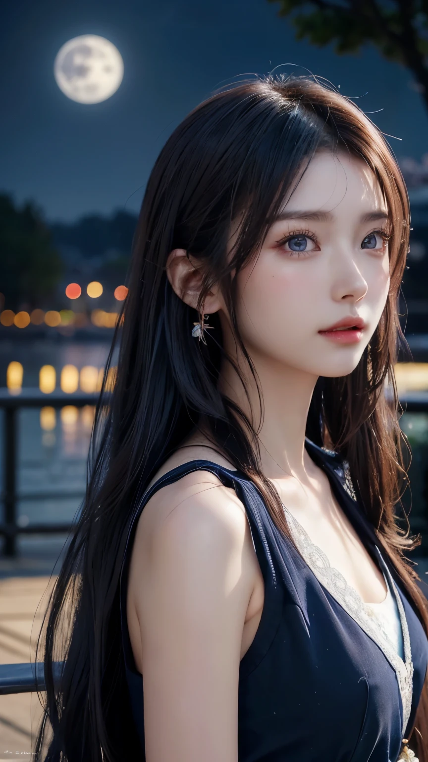 (logo, masterpiece, 8k, table top, RAW photo, wonderful, 最high quality, Photorealistic and hvery detailed CG integrated 8k wallpaper, high quality, very detailed, Narrative poem, particle effects, dynamic effects, written boundary depth, cinematic light, Lens flare, ray tracing, anatomically accurate)), fantasy, ((1 beautiful woman, clear blue eyes, 銀色のlong hair, beautiful face, real face, beautiful detailed eyes, beautiful skin)), long hairがWindでなびく, long hairが跳ねる, long hairがWindで踊る, hair jump, jewelry, tattoo, Hanfu, chinese fairy, taoist uniform, silver earrings, ((night, Wind, bluish full moon, night空, cherry blossoms, cherry blossomsの木の下で, cherry blossomsの花びらが舞っている, Hanabubuki, falling petals, flying petals)), hip up, beautiful eyes, long hair