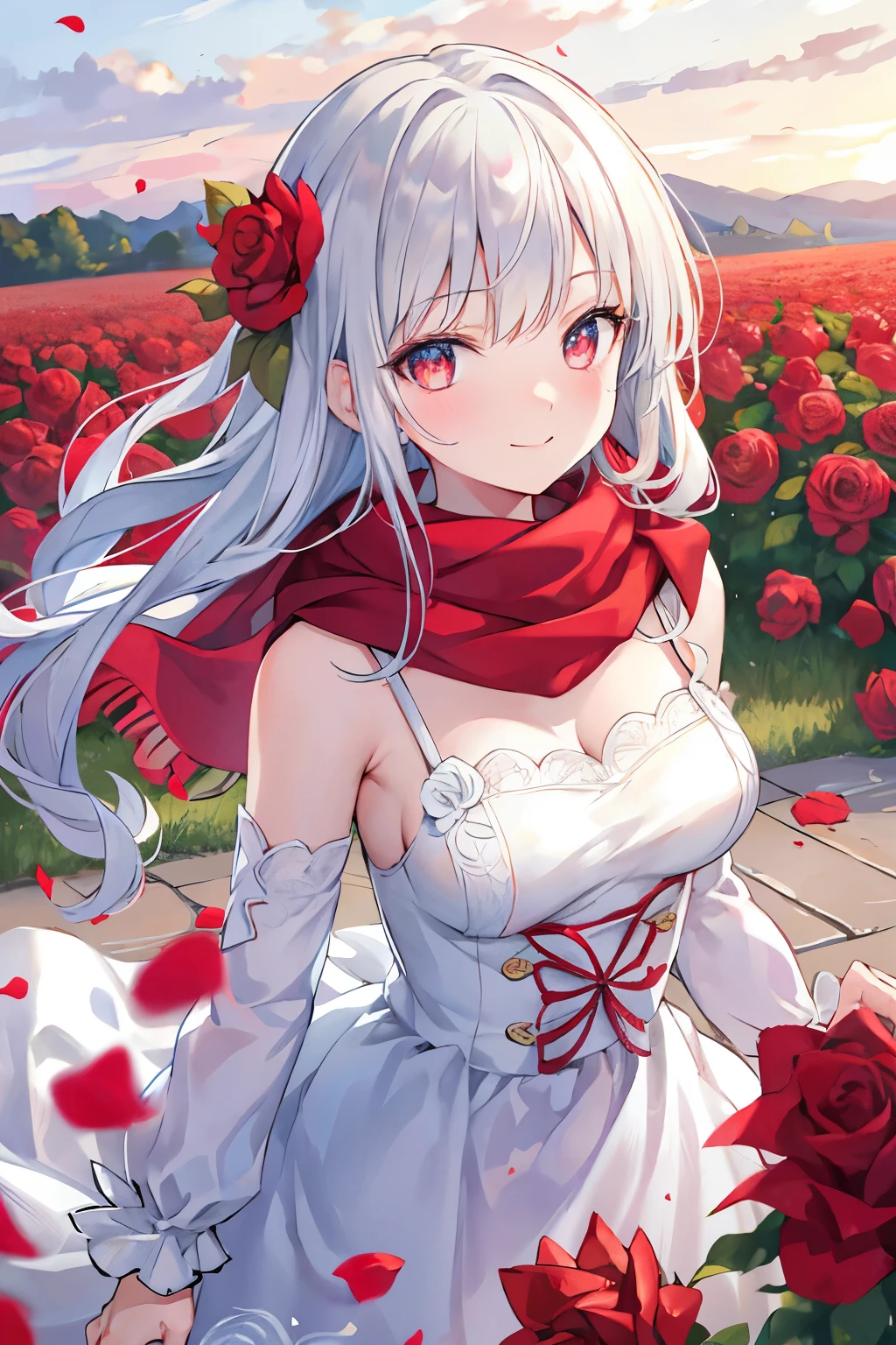Vision, panoramic, view, depth of field, broken to pieces, Upper body, Cinematic angle, masterpiece, best quality, Super detailed, CG, 8k wallpaper, pretty face, exquisite eyes, girl, alone, Smile, silver hair, golden eyes, White skin, Hair, red scarf, white evening dress, Rose田, red flower, Rose, flower field, petal, Flying petal, Smile着