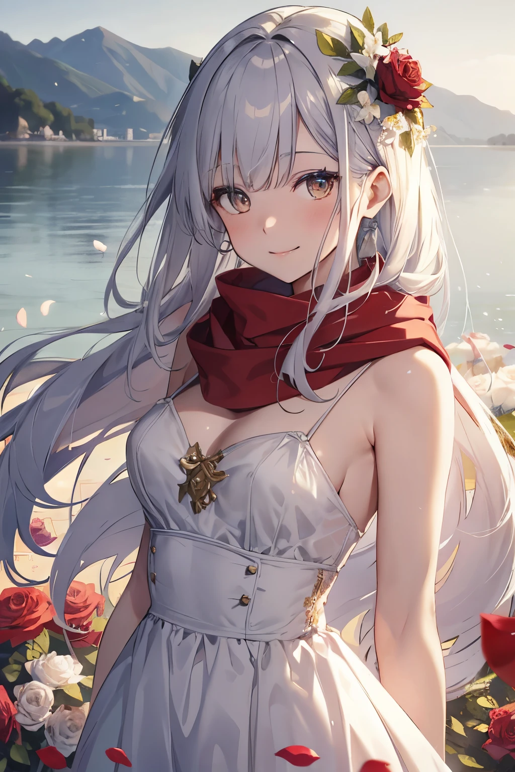 Vision, panoramic, view, depth of field, broken to pieces, Upper body, Cinematic angle, masterpiece, best quality, Super detailed, CG, 8k wallpaper, pretty face, exquisite eyes, girl, alone, Smile, silver hair, golden eyes, White skin, Hair, red scarf, white evening dress, Rose田, red flower, Rose, flower field, petal, Flying petal, Smile着