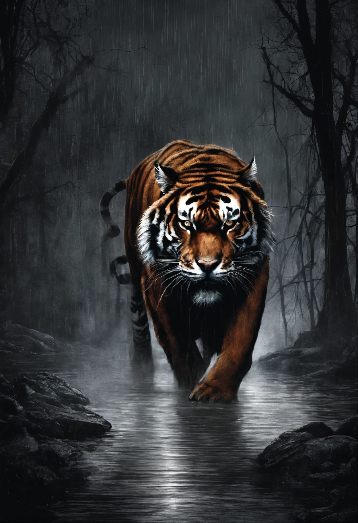 Jour de pluie, Evil Light,Tiger walking by the river, Yeux rouges brillants, Lueur malveillante, best quality, dessus de la table