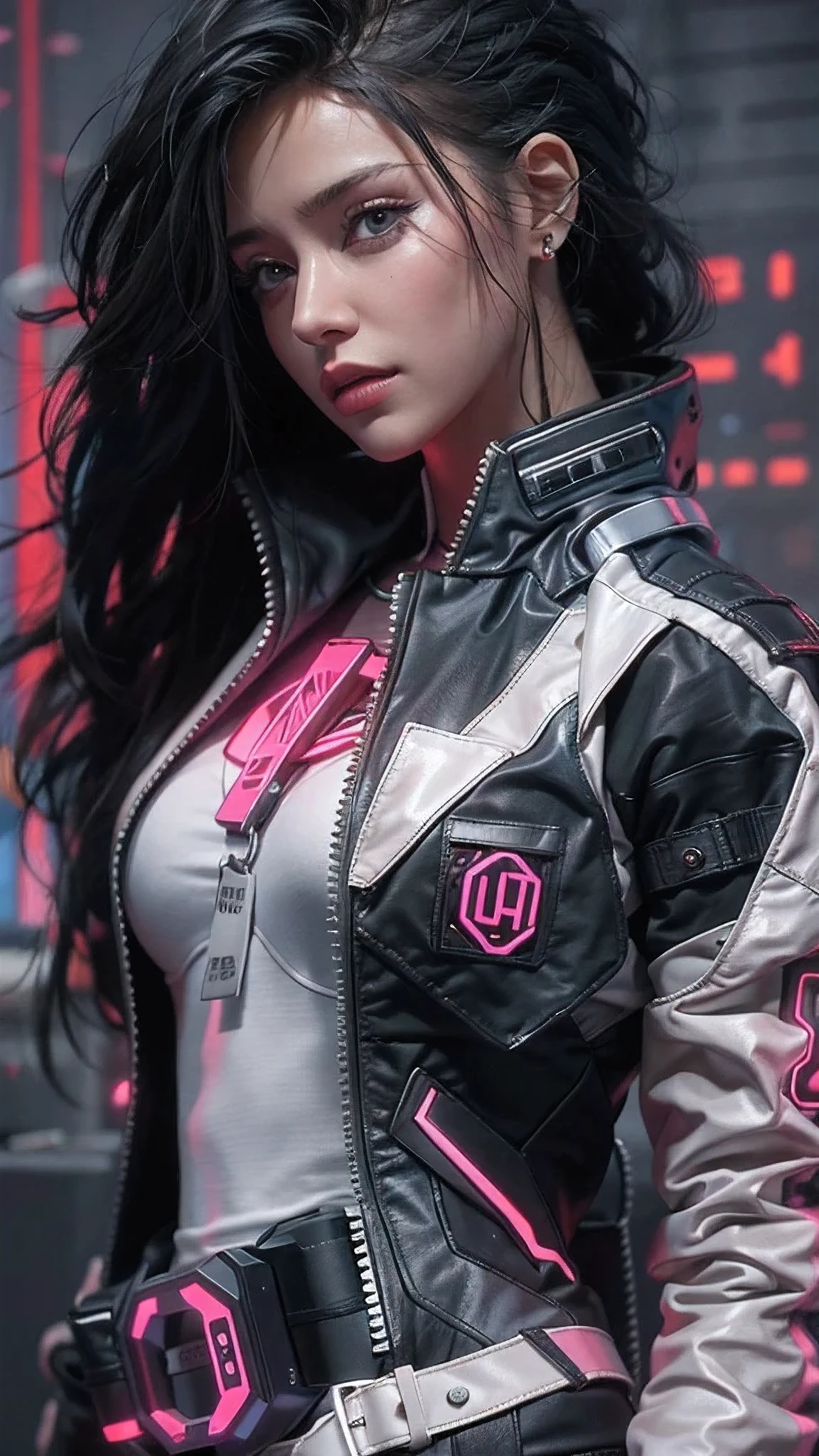 motor irreal:1.4,UHD,La mejor calidad:1.4, fotorrealista:1.4, textura de la piel:1.4, obra maestra:1.8, Hermosa mujer, cabello rojo,  Black military coat, senos largos, Estilo cyberpunk, Detalles realistas, full body photo, Chaqueta de cuero negro retrato,white jeans Vaqueros cortos,,hermosas manos finas ,(cyberpunk:1.4),(cabello multicolor+rosado:1.3+amarillo:1.3),lingerie cyberpunk, Noche misteriosa,(detailed:1.4),(Special station:1.4),
