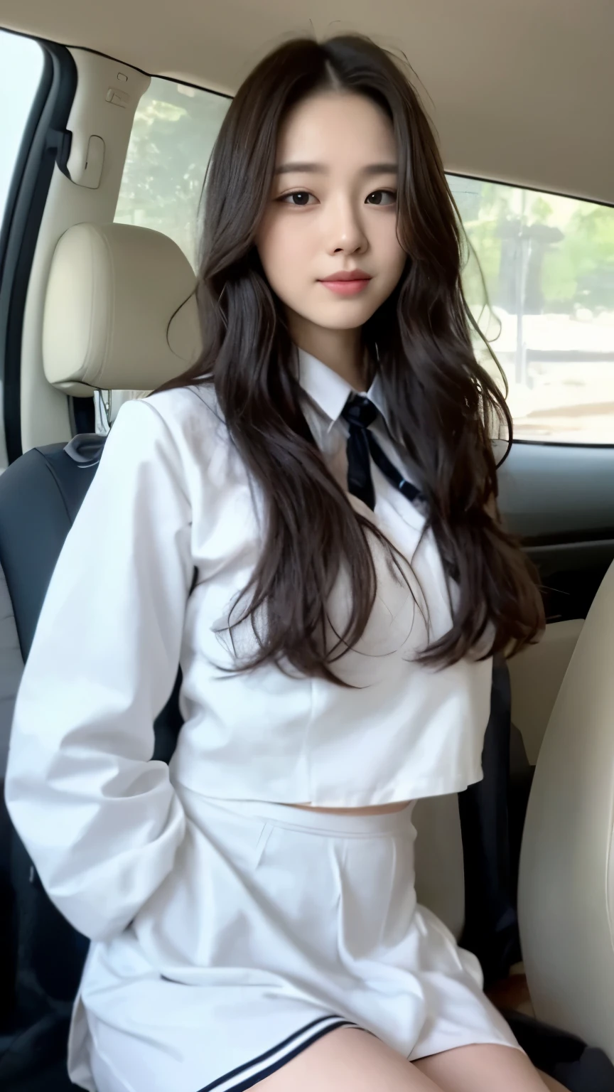 ((top-quality、8k、​masterpiece:1.3))、Beautiful woman with perfect body:1.4、slim abdomen:1.2、Longhair, normal breast, Highly detailed facial and skin texture, A detailed eye, delicate eyes, double eyelid, (smile), (full body shot), ((in the car 1.1)), (sitting in the car), ((wearing white uniform 1.1), looking in front