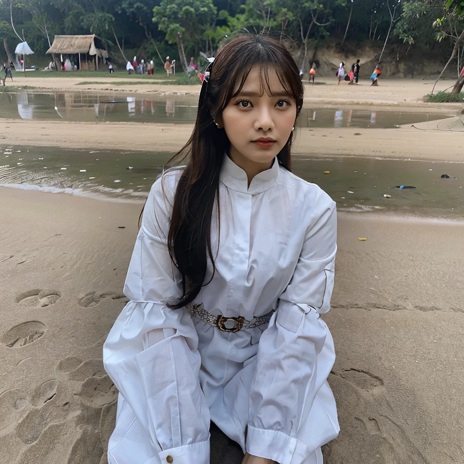 Seorang wanita muda dengan payudara besar sedang duduk dipinggir pantai sambil menjilat kemaluan wanita lain