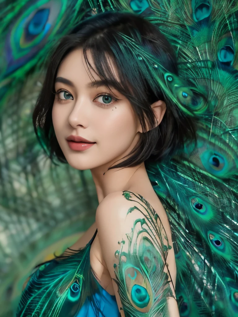 small head, (perfect bodies: 1.1), (short-length straight black short hair: 1.2), （Extremely detailed CG 8k wallpaper），（Extremely refined and beautiful），（masterpiece），（best qualtiy：1.0），（ultra high resolution：1.0），upper body，[A high resolution]，cheerfulness，Smile，Smooth and flawless fair skin，ultra - detailed,(Small breasts:1.1),Flat chest,Slim,thin,(Gorgeous Peacock Feather princess Evening Dress:1.4),jewels,Teal background，from front，(Close shot:1.3),cowboy shot,(upperbody:1.3),bare shoulder,shoulder off,(portrait:1.3),(body painting with colorful peacock patterns:1.3),Huge skirt hem