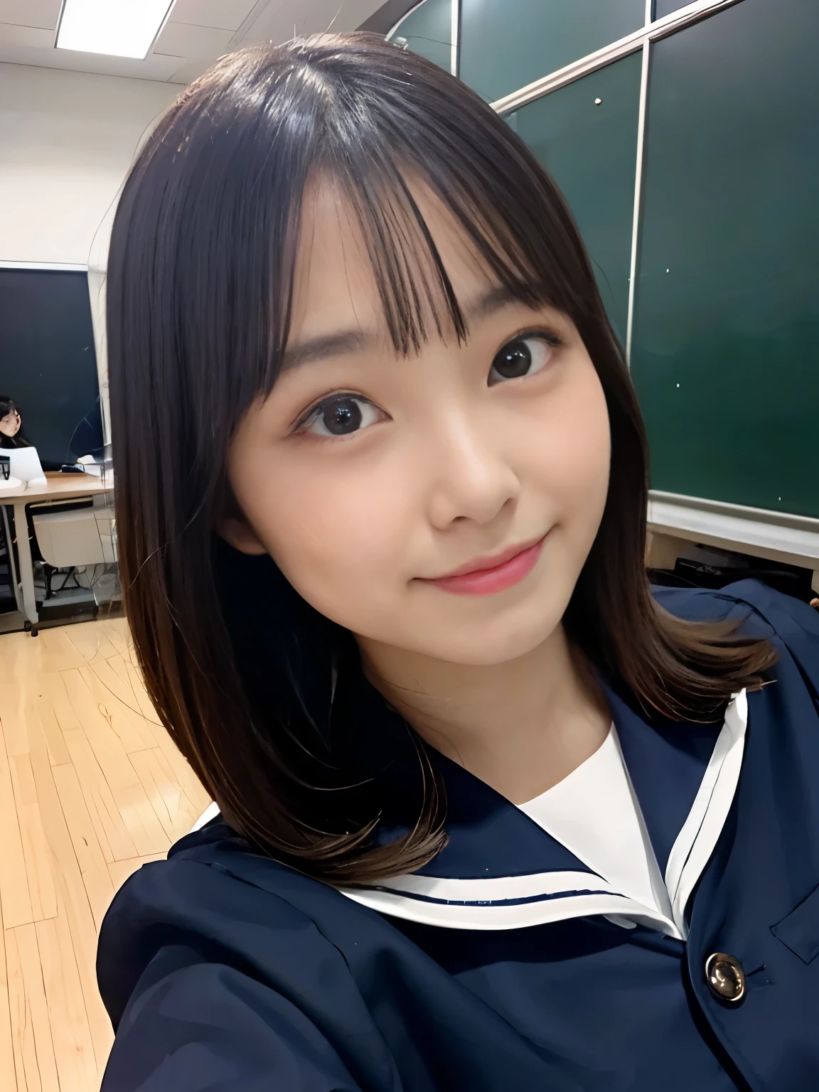 super highest quality, Japanese, real、open your mouth and laugh, small face、dark makeup、eyeliner、Mr.々hairstyle, girl,by 2 person、selfie with camera、peace sign、 17 years old, whole body, many students in the background、high school,sailor suit、navy blue skirt, daytime, In the classroom,、He was sitting next to me, his desk facing the blackboard.、Notebook and pencil case on the desk、 cute, beauty, big breasts、