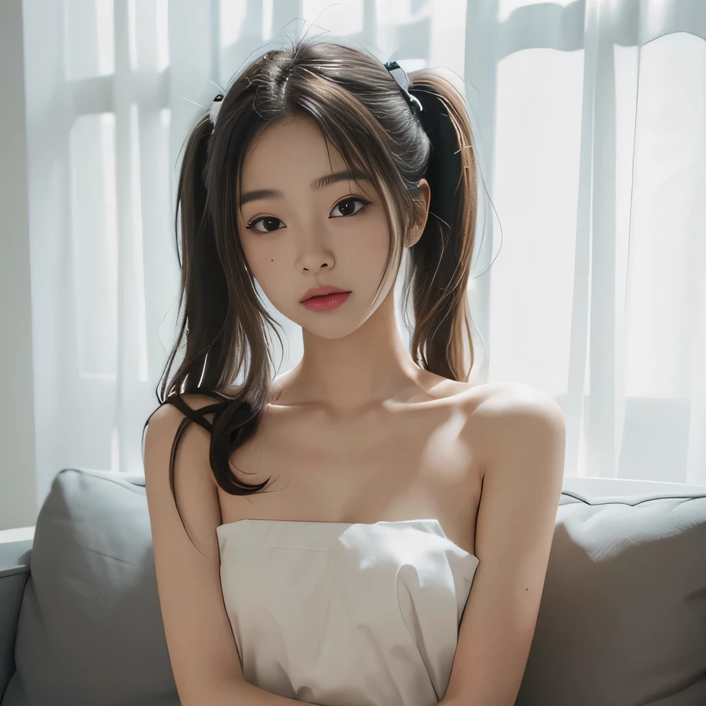 pure white wall, pure white curtains, pure white floor, Pure white sofa, Pure white cushion, pure white light, bright room, one girl, nakedの少女, naked, pure white skin, transparent skin, super long hair, black hair, twin tails, long hair down to waist, Emphasis on the clavicle, broad shoulders, Big eyes, brown eyes, clear eyes, Beige nipples, Fairly thin pubic hair, long limbs, long fingers, like an idol, cute, , small breasts, no makeup, random pose, , Upper body, naked, 15 years