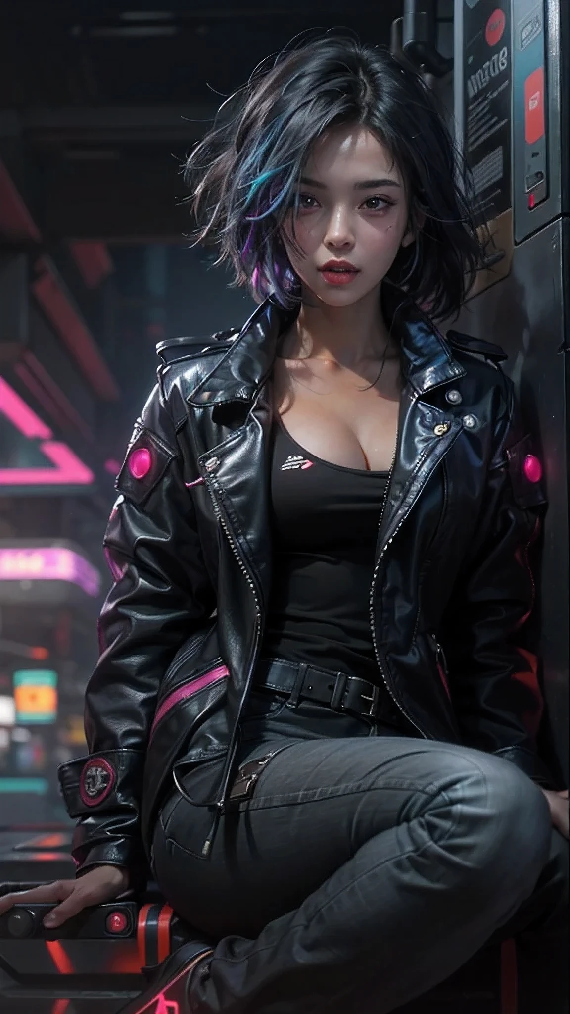 nsfw,motor irreal:1.4,UHD,La mejor calidad:1.4, fotorrealista:1.4, textura de la piel:1.4, obra maestra:1.8, Hermosa mujer, cabello rojo, Black military coat, senos largos, Estilo cyberpunk, Detalles realistas, full body photo, Chaqueta de cuero negro retrato,white jeans Vaqueros cortos,,hermosas manos finas ,(cyberpunk:1.4),(cabello multicolor+rosado:1.3+amarillo:1.3),lingerie cyberpunk, Noche misteriosa,(detailed:1.4),(Special station:1.4),
