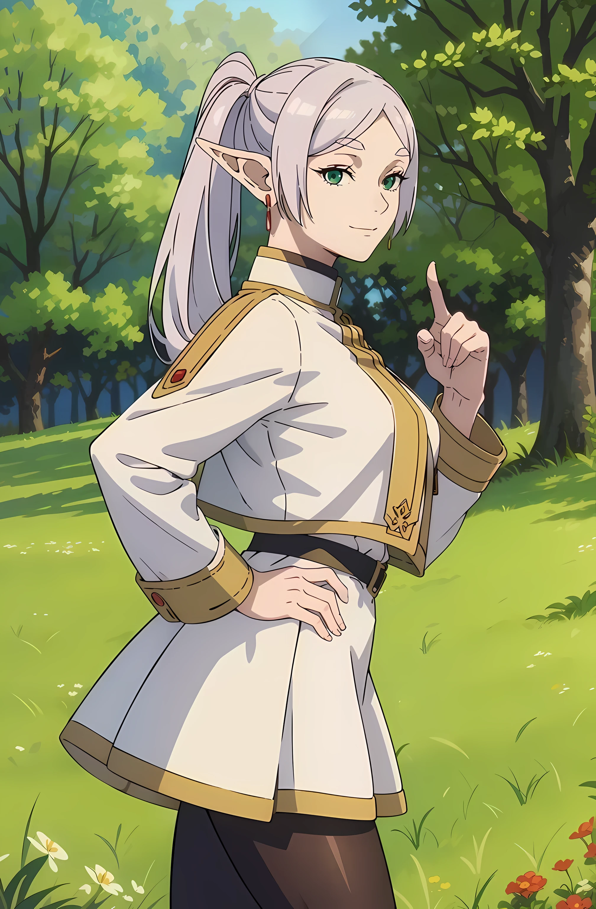 (masterpiece), (best quality), (extremely detailed and delicate), 1girl, solo, elf, white hair, grey hair, earrings, pointy ears, long hair, ponytail, green eyes, looking at viewer, twintails, parted bangs, thick eyebrows, collared capelet, white capelet, striped shirt, long sleeves, (striped), medium breasts, white skirt, pantyhose, brown footwear, smile, nature, grass, trees, flowers, (hand on hip), (finger to mouth), (leaning), from side