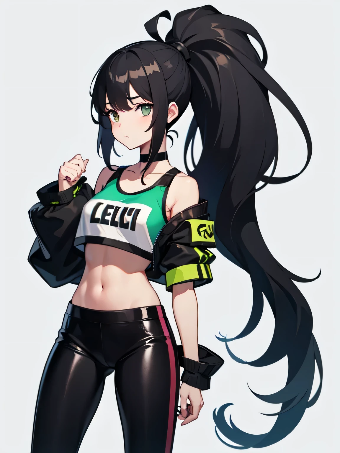 1 girl, black medium hair, Ponytail, Black eyes, medium breasts, white or green transparent crop top, Necklace, leggings
