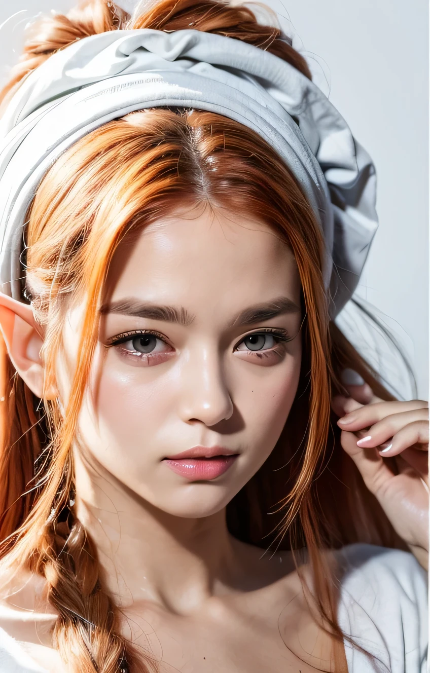 a picture of a woman with long hair and a white shirt, so happy that her face, she has a cute expressive face, the goddess, realistic, elf, red hair, upper body
