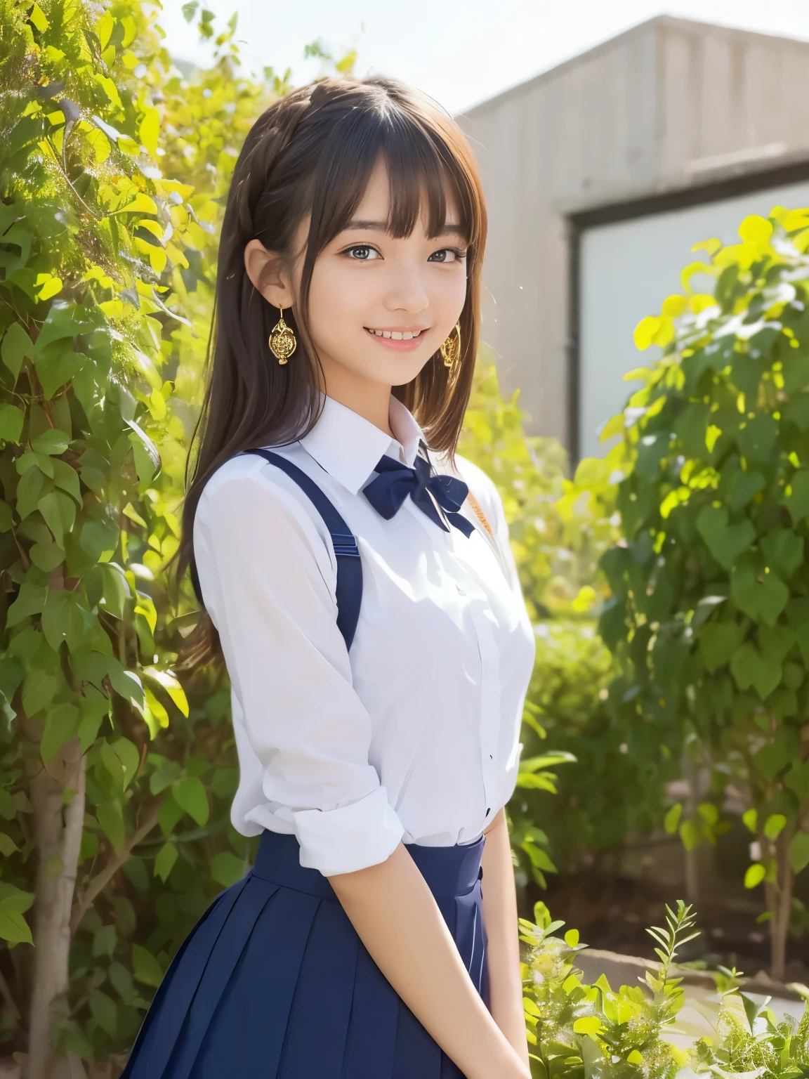 add_detail:1.4), (more_details:1.2), (((1girl))), soft features, perfect hands, perfect fingers, bob cut, (braided bangs), one side up, hair ornament, earrings, happy smile, cute fang, Beautiful detailed gemological eyes, jewel-like eyes, (slim body), (()), (18 years old), ((petit)), ((police uniform)), (background: garden, school, class_room)
