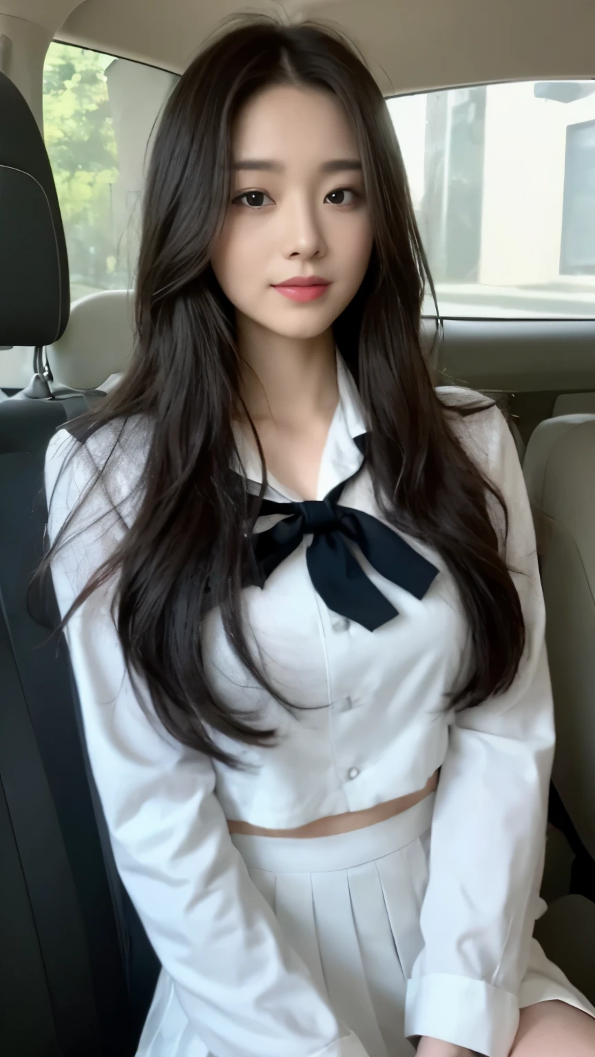 ((top-quality、8k、masterpiece:1.3))、Beautiful woman with perfect body:1.4、slim abdomen:1.2、Longhair, normal breast, Highly detailed facial and skin texture, A detailed eye, delicate eyes, double eyelid, (smile), (full body shot), ((in the car 1.1)), (sitting in the car), ((wearing white uniform 1.1), looking in front