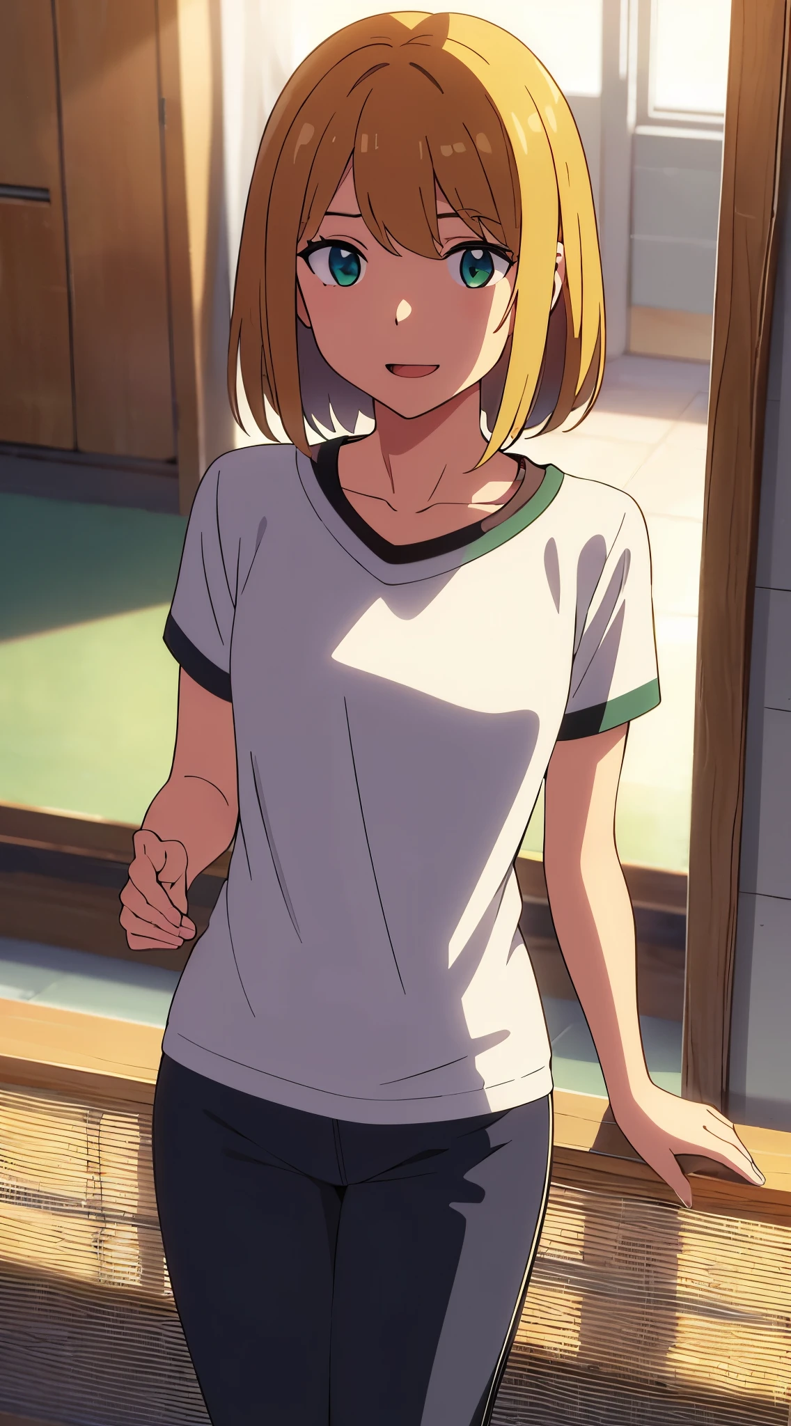 god々work,beautiful,complicated,girl,blonde short hair,Laughter,T-shirt,Talking to someone,eyes are green,Chest is small,the 90s,Xin Haicheng,evening,inside the school