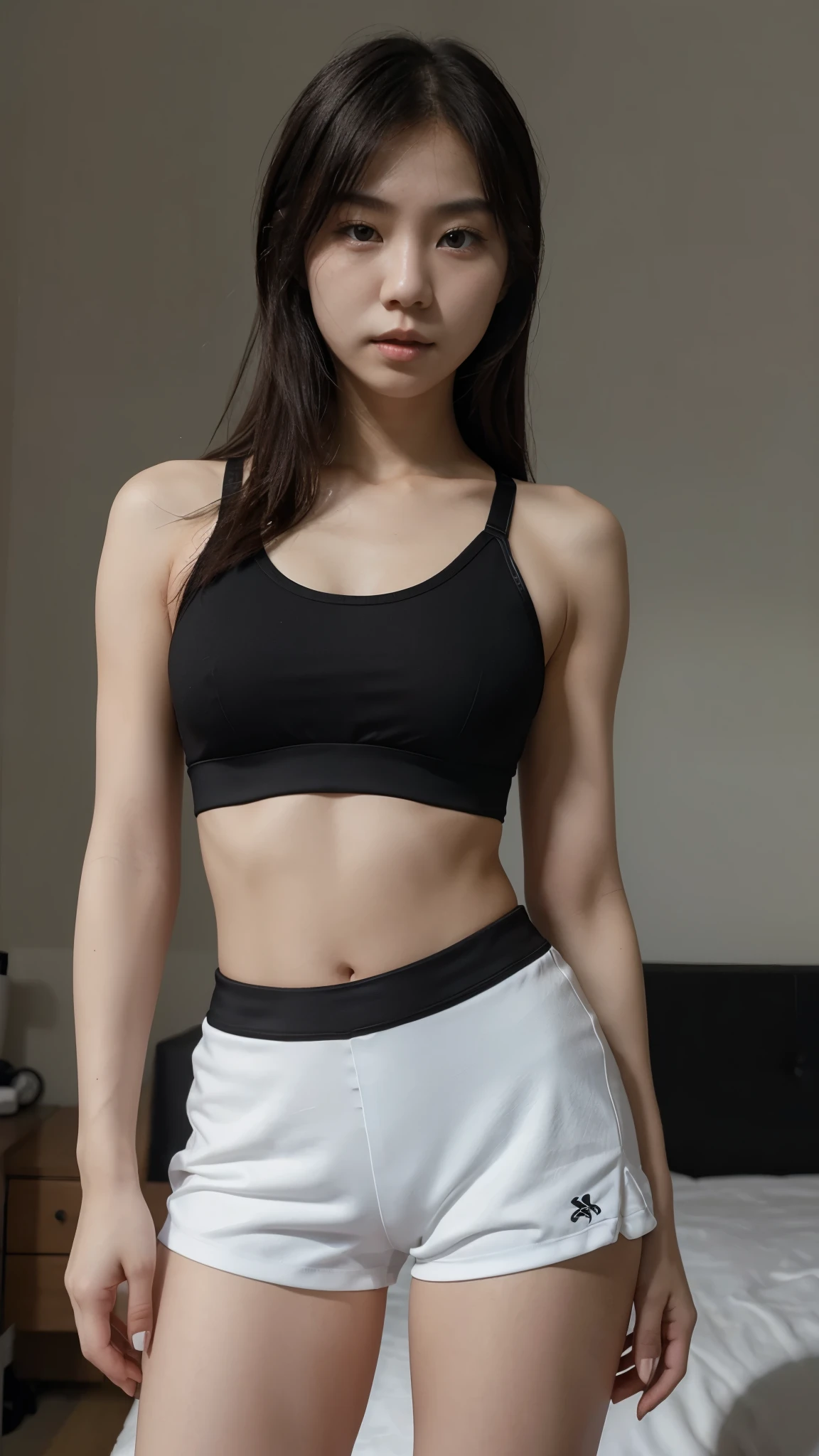 Generate a white Korean girl in hot very small black shorts and short black sports bra posing for a photo